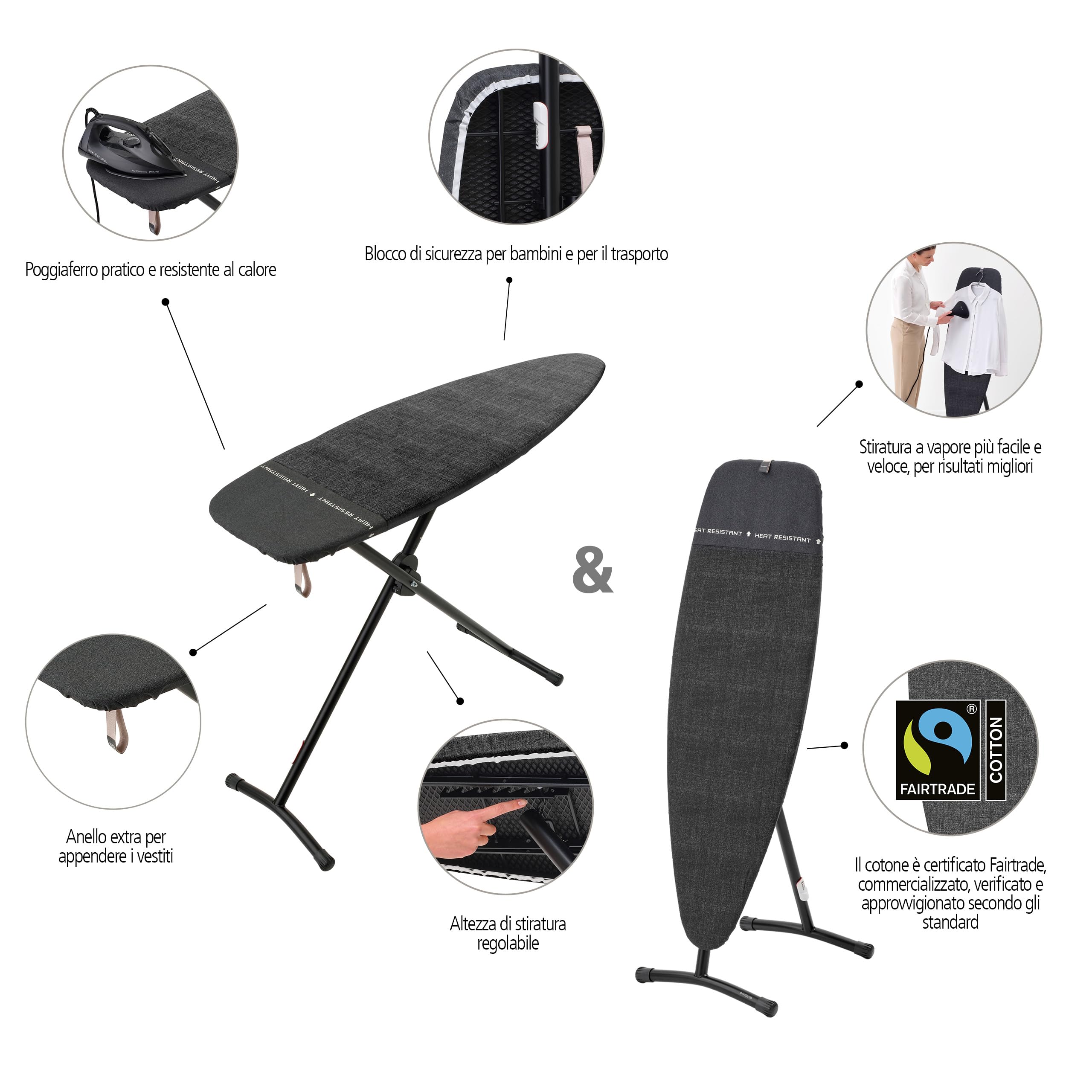 Brabantia Asse da stiro D 135 cm x 45 cm (Denim Black), Tavola da stiro grande 2 in 1 per stiratura verticale e a vapore, Asse con piano di lavoro termoresistente
