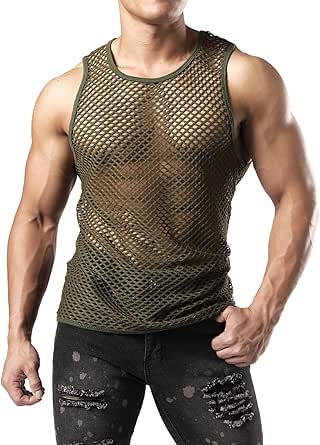 JOGAL Men's Mesh Fishnet Fitted Sleeveless Muscle Top
