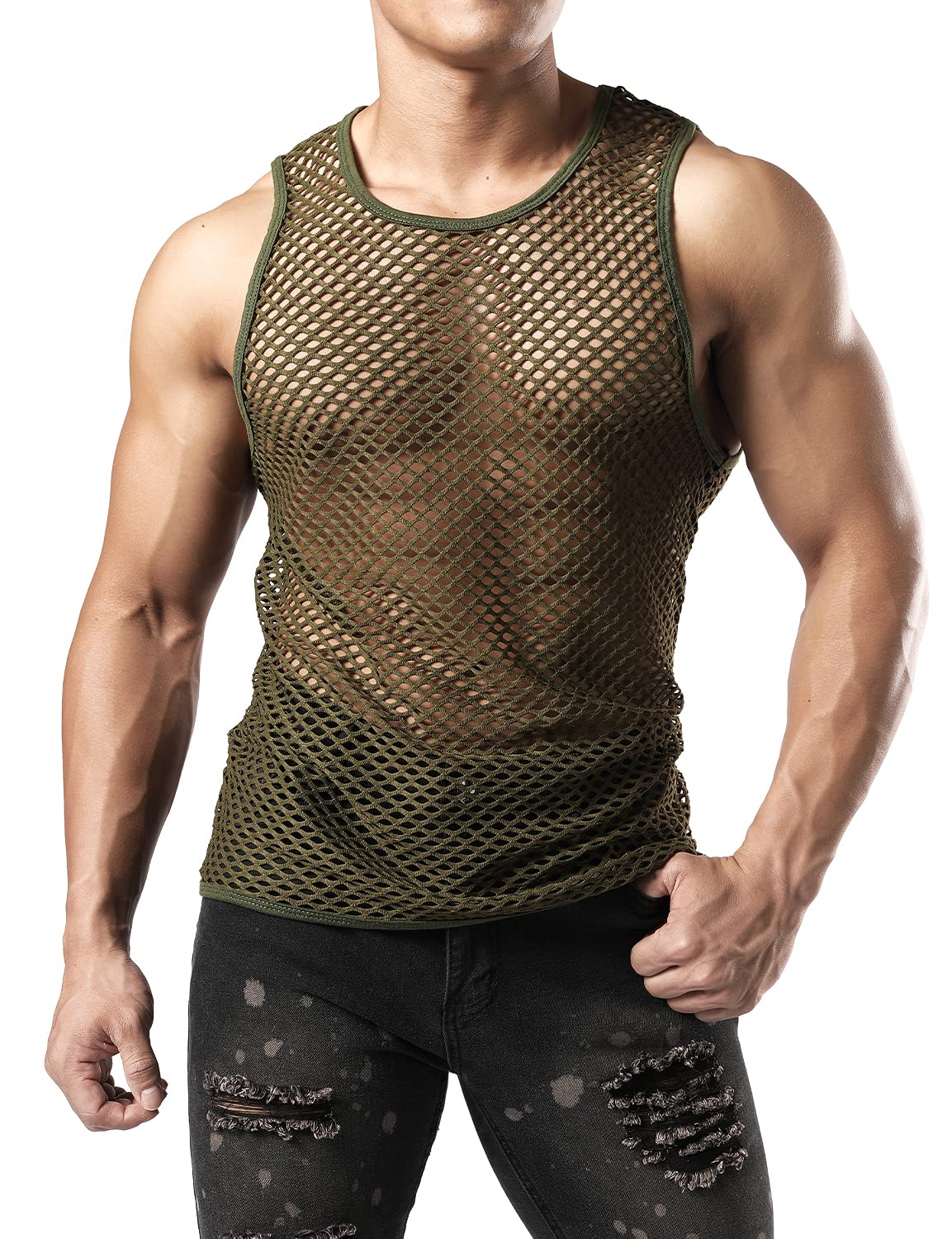 JOGAL Men's Mesh Tank Top See Through Fishnet Shirts