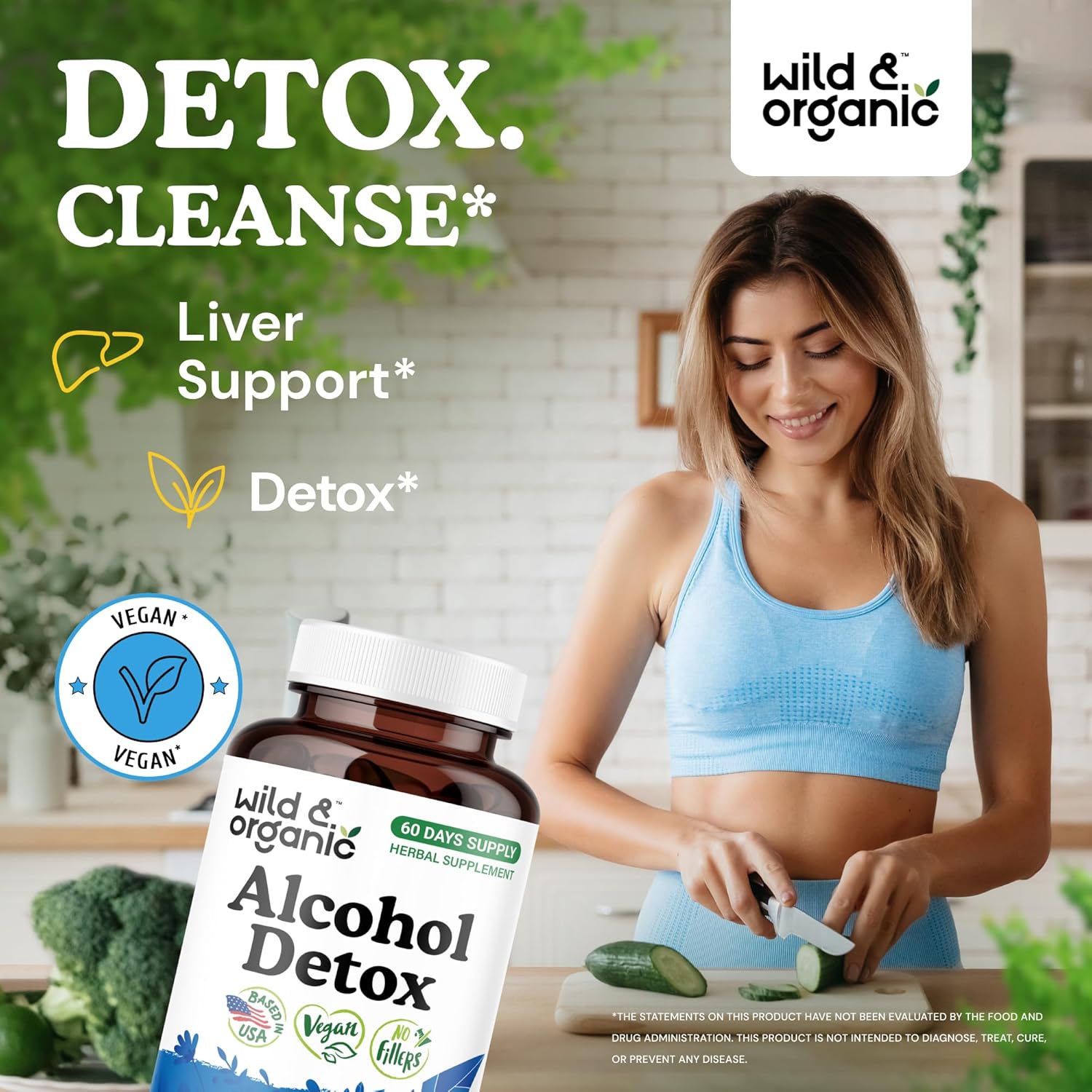 Wild & Organic Alcohol Detox Capsules - Liver & Kidney Support Formula - Milk Thistle, Dandelion Root & Chanca Piedra - Vegan, No Fillers, Non-GMO - 120 Count