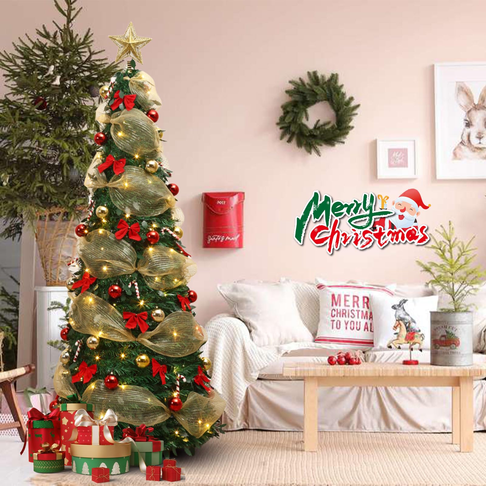 Árbol de Navidad plegable, 1,2 m/1,5 m, árbol de Navidad emergente con luz LED, árbol plegable, decorado con cinta y lazo, árbol de Navidad luminoso LED para decoración de vacaciones interiores (A-1,2