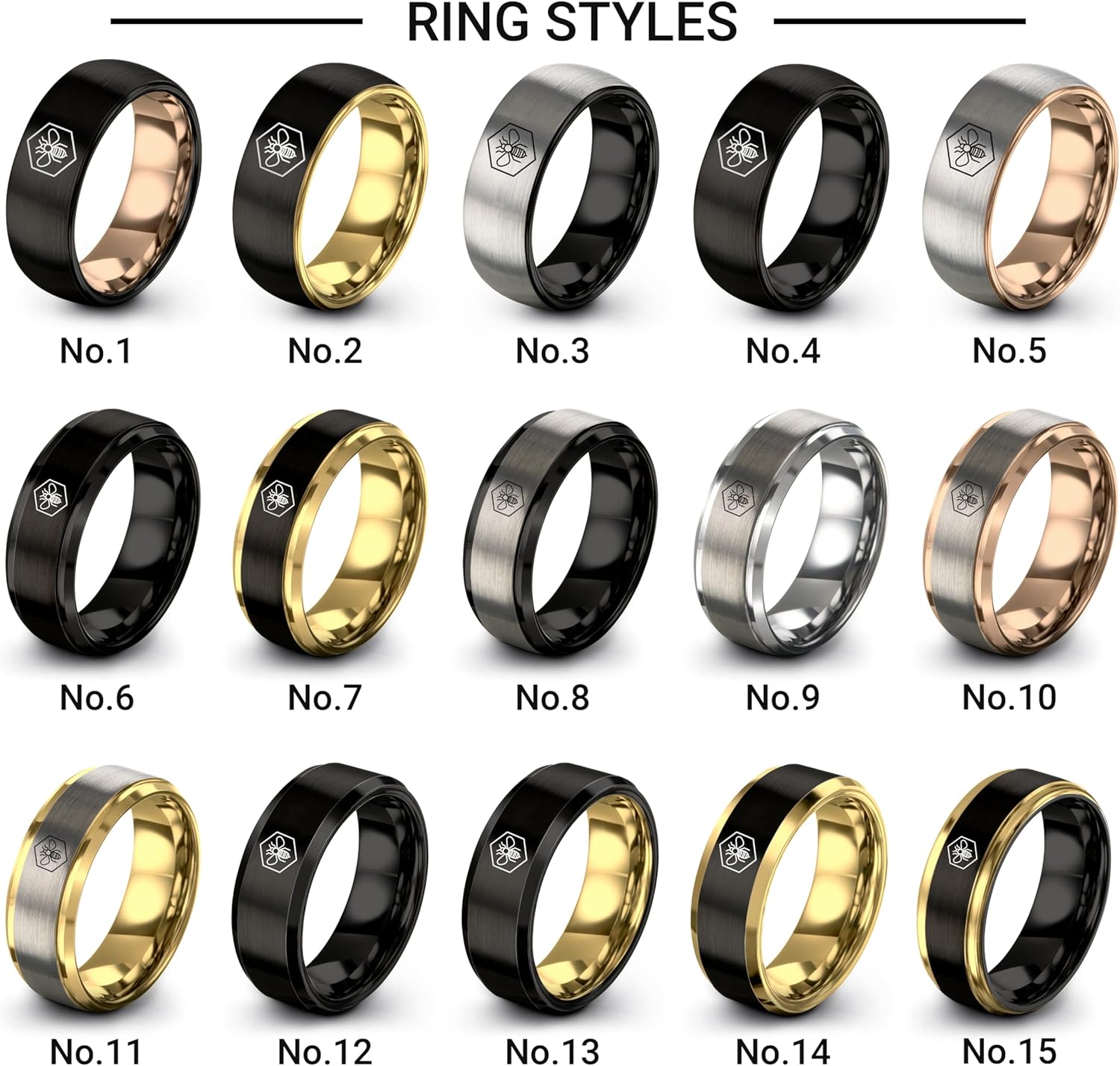 Bee In Hive Ring - Gift for Bee Fan - 8mm - Personalized Custom Engraving - Flat Dome Bevel - Brushed Polished - Silver Yellow Rose Gold Black - Tungsten - Band - Men Women - Anniversary Wedding