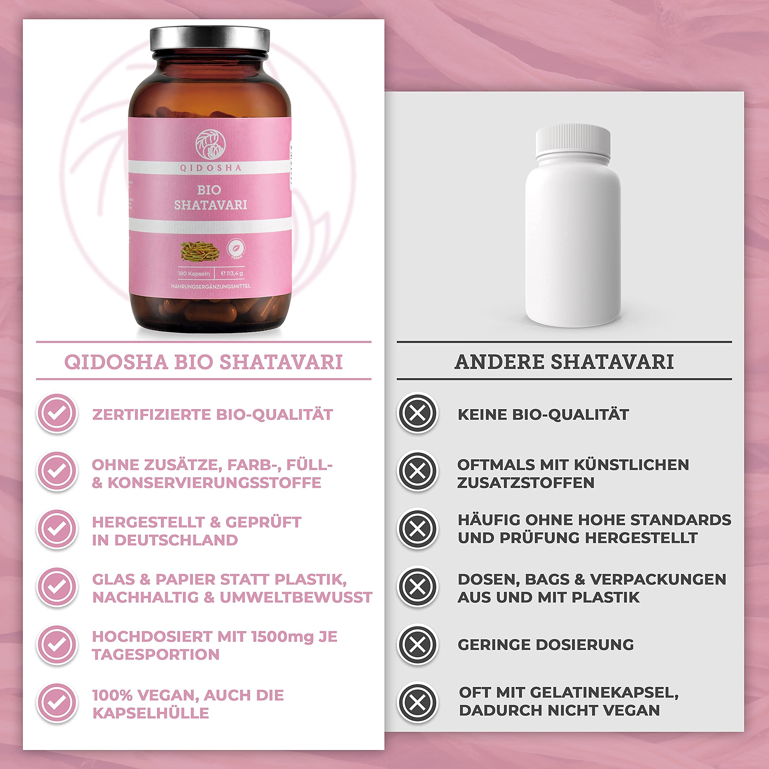 QIDOSHA® Shatavari capsule biologiche ad alto dosaggio, 180 pezzi in vetro, 1500 mg di Shatavari polvere biologica per porzione giornaliera, capsule di polvere di Shatavari biologiche, testate di