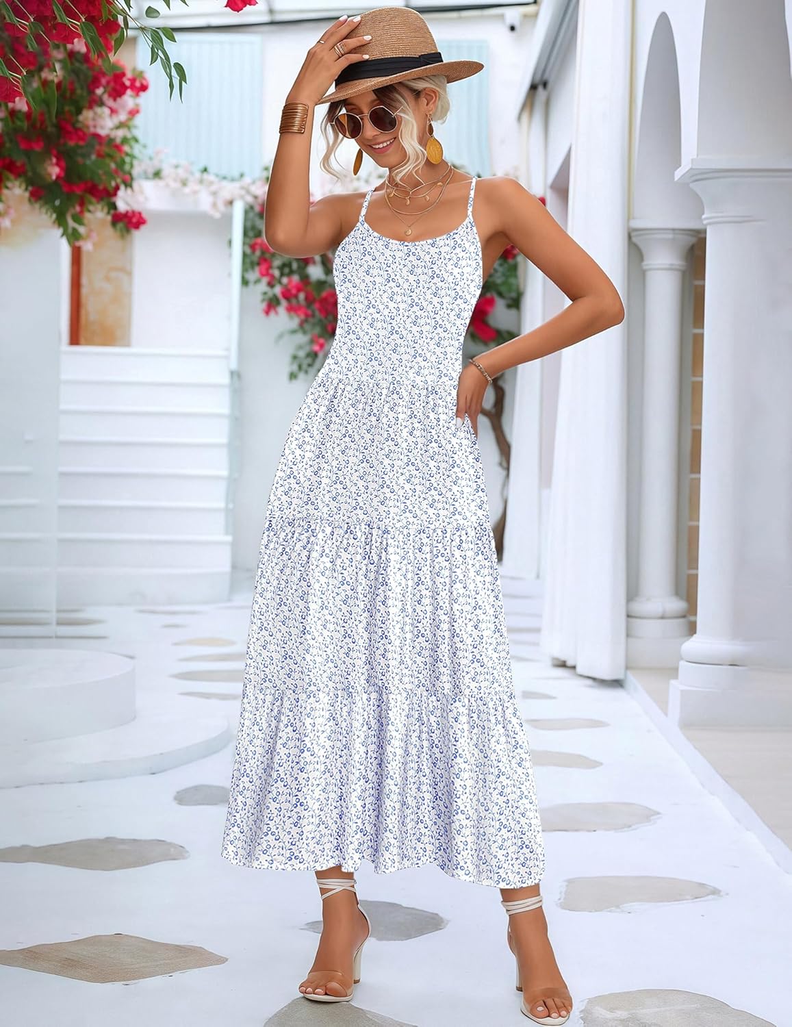 Zeagoo Womens Summer Long Dress Adjustable Spaghetti Strap Floral Casual Dress with Pockets Flowy Tiered Beach Sundress - Image 4