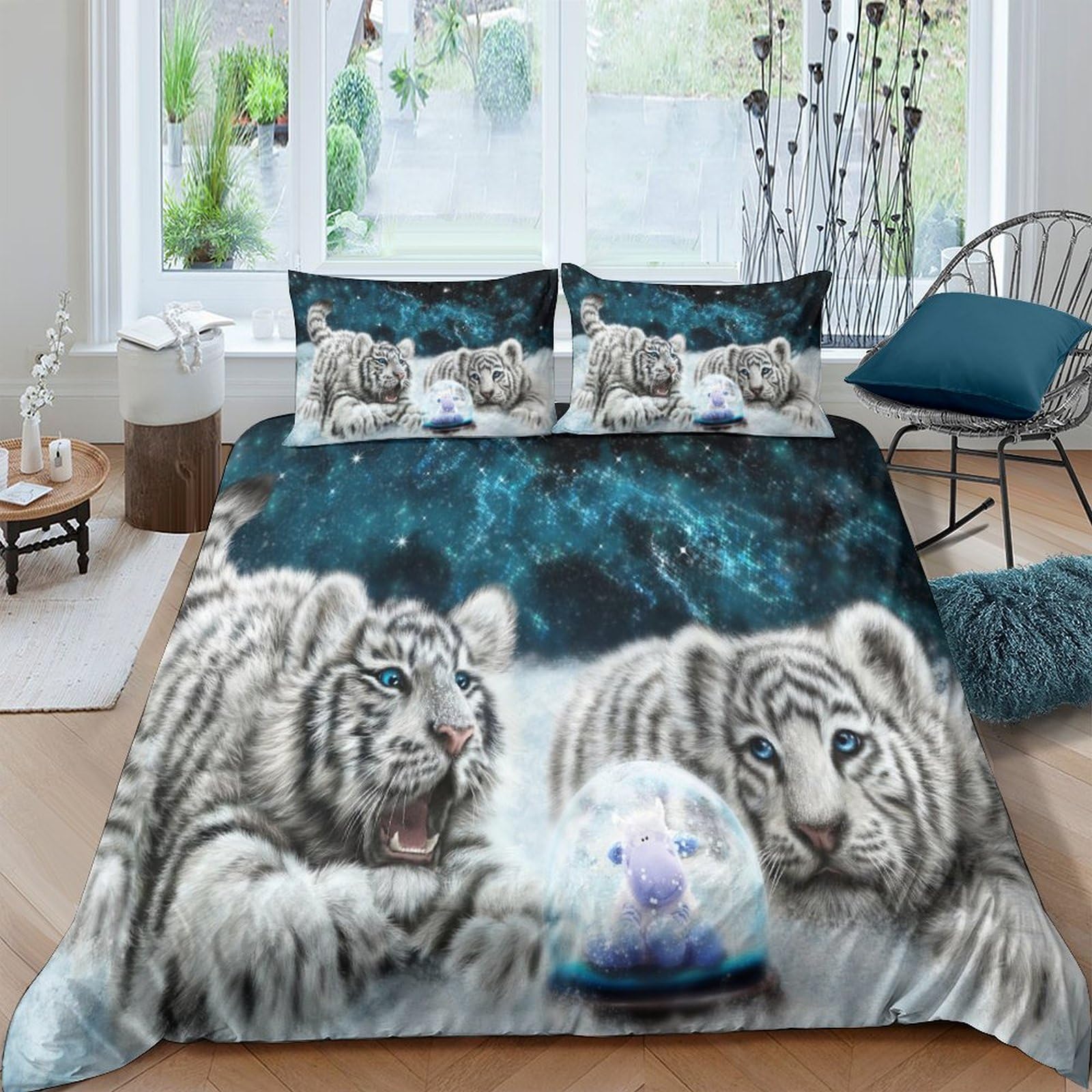 Housse de couette tigre blanc en 200x200 cm avec 2 taies d'oreiller