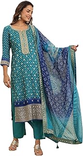 Libas Womens Printed Silk Blend Straight Kurta With Trousers and Dupatta