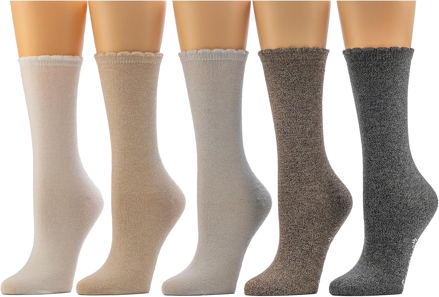 BEARPAW Womens 5 Pair Pack Super Soft Modern Multicolor Assorted Easy Care Solid Crew Socks With Scallop Edge Neutral Colors