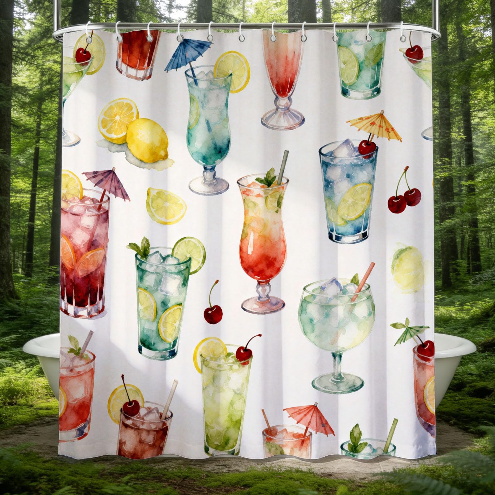 Hongduo 3D Cocktail Shower Curtain for Stalls Bathtubs Watercolor Style Bathroom Decor Shower Curtain Set Polyester Fabric Waterproof 120x180cm/48X71 Inch with Hooks