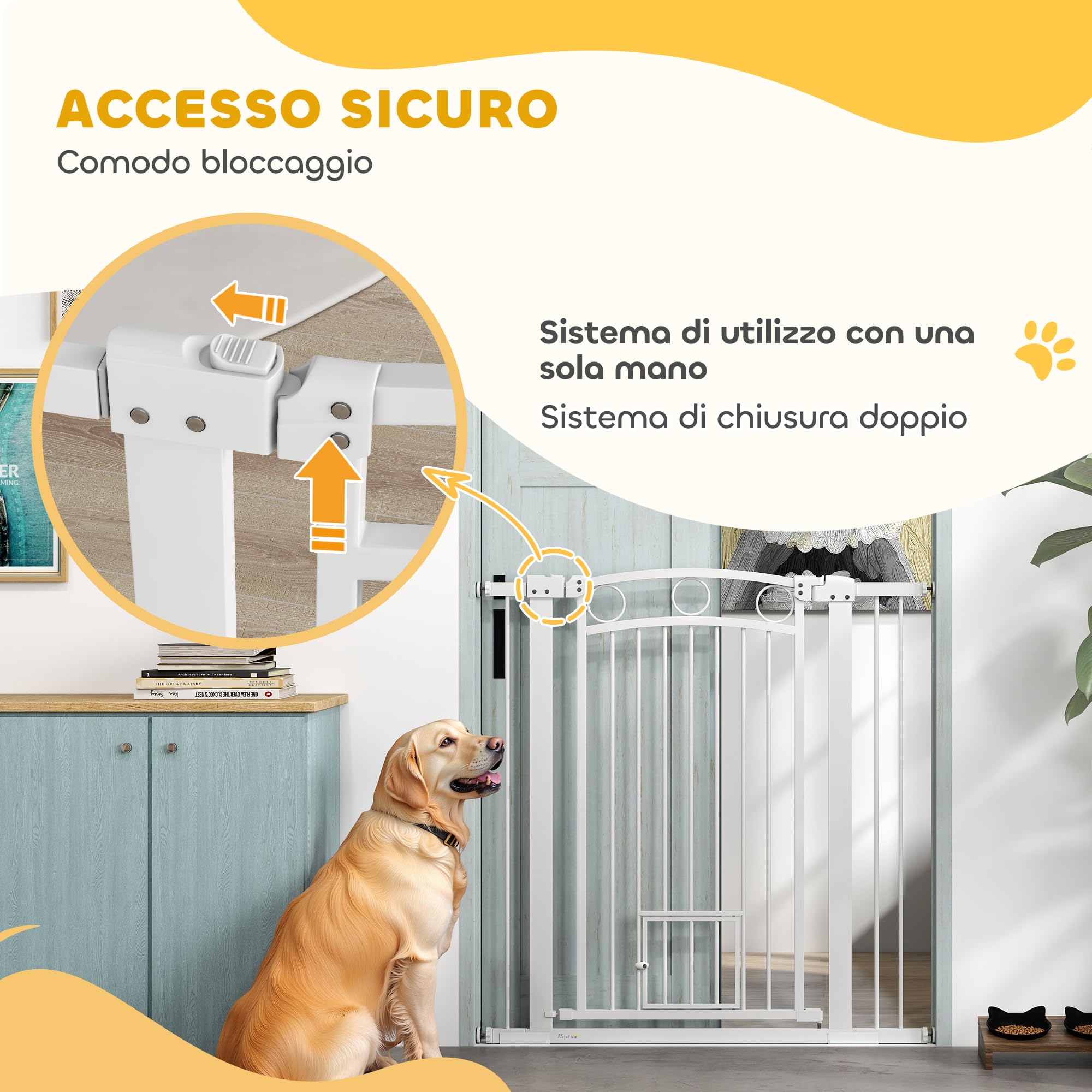 PawHut Cancelletto per Cani da Interno, Cancelletto di Sicurezza con 2 Estensioni 76-104 cm e Porta per Gatti, Cancello per Cani Animali Domestici Alto 106 cm per Corridoio e Scale, Bianco