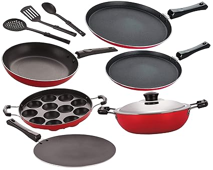 Nirlon Nonstick Aluminium Cookware Combo Set, Red-9 Pieces [FT13_CT_DKDB_APPAM_FT10_TP24_3SPN]