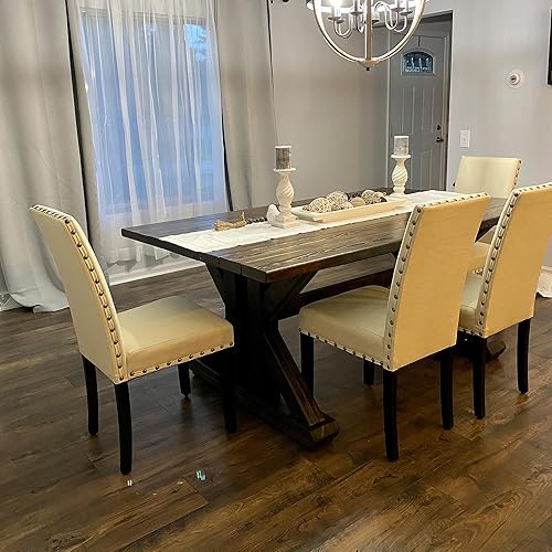 Miniatura 6 de Juego de 4 sillas de comedor de madera, sillas auxiliares de cocina tapizadas de tela moderna, silla de respaldo alto con clavos de cobre (beige)