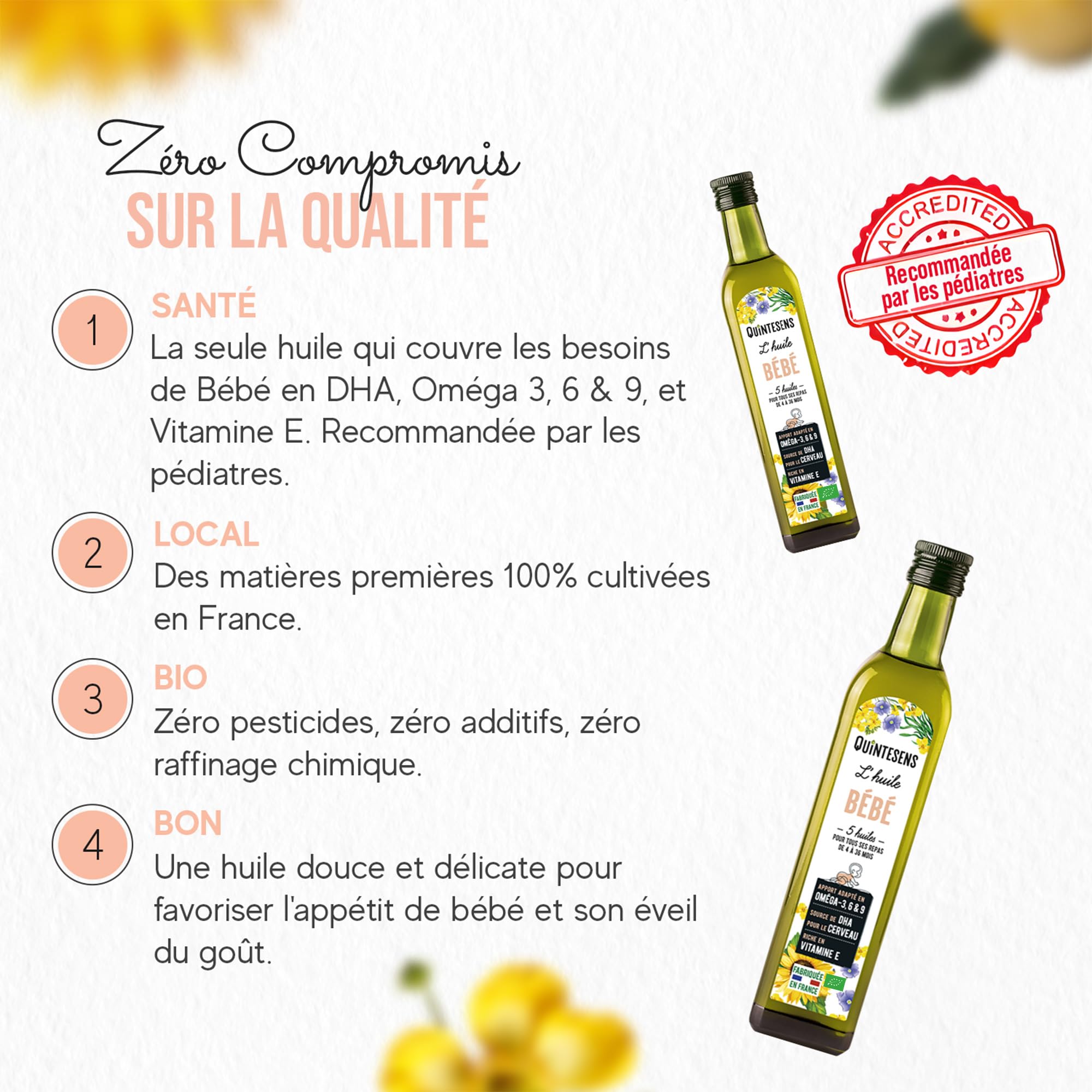 Lot 3 Huiles Bébé QUINTESENS 250 ml - Développement cérébral et Protection cellulaire - Apports en DHA, Oméga 3, 6 & 9 et Vitamine E - Production 100% Française - 4-36 Mois