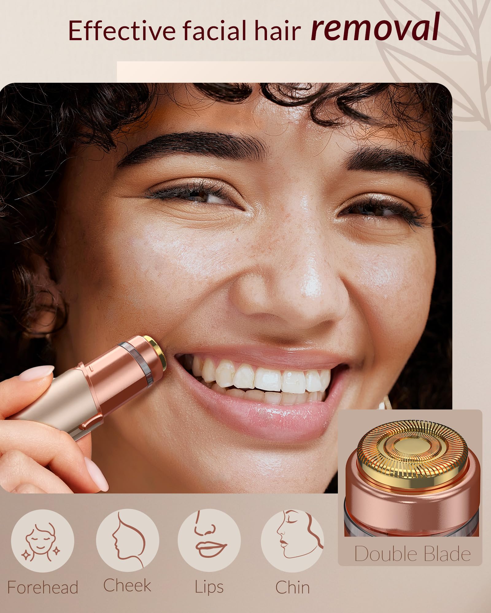 Facial Hair Removal for Women: Painless Rechargeable Face Shaver Electric Hair Remover Device for Peach Fuzz Upper Lip Chin (Gold)