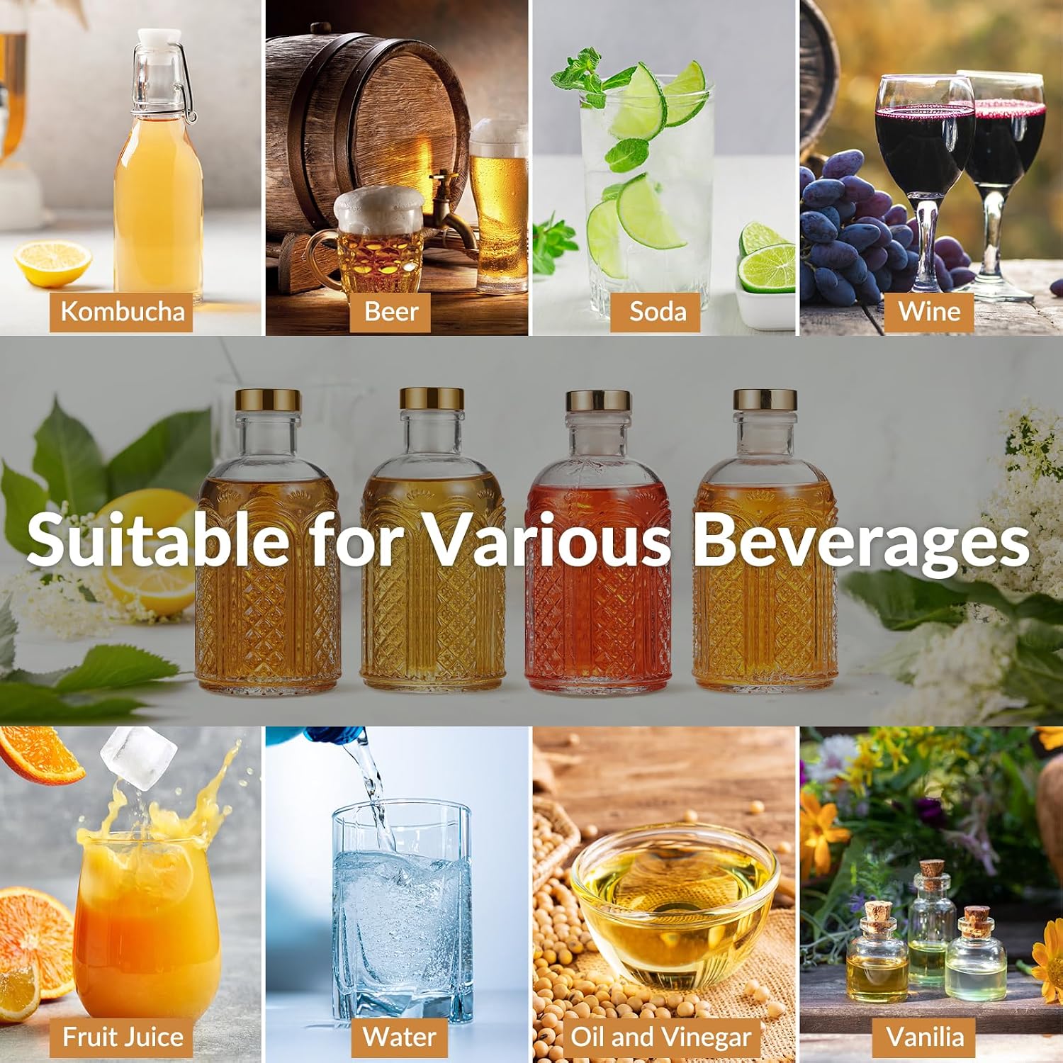 Clear Glass Bottles -7 oz, Pack of 4 - Heavy Base Glass Bottles with Gold Screw Caps, Gift Labels & Gift Box for Oil, Vinegar, Kombucha, Wine, Beverages, Beer, Water, Soda