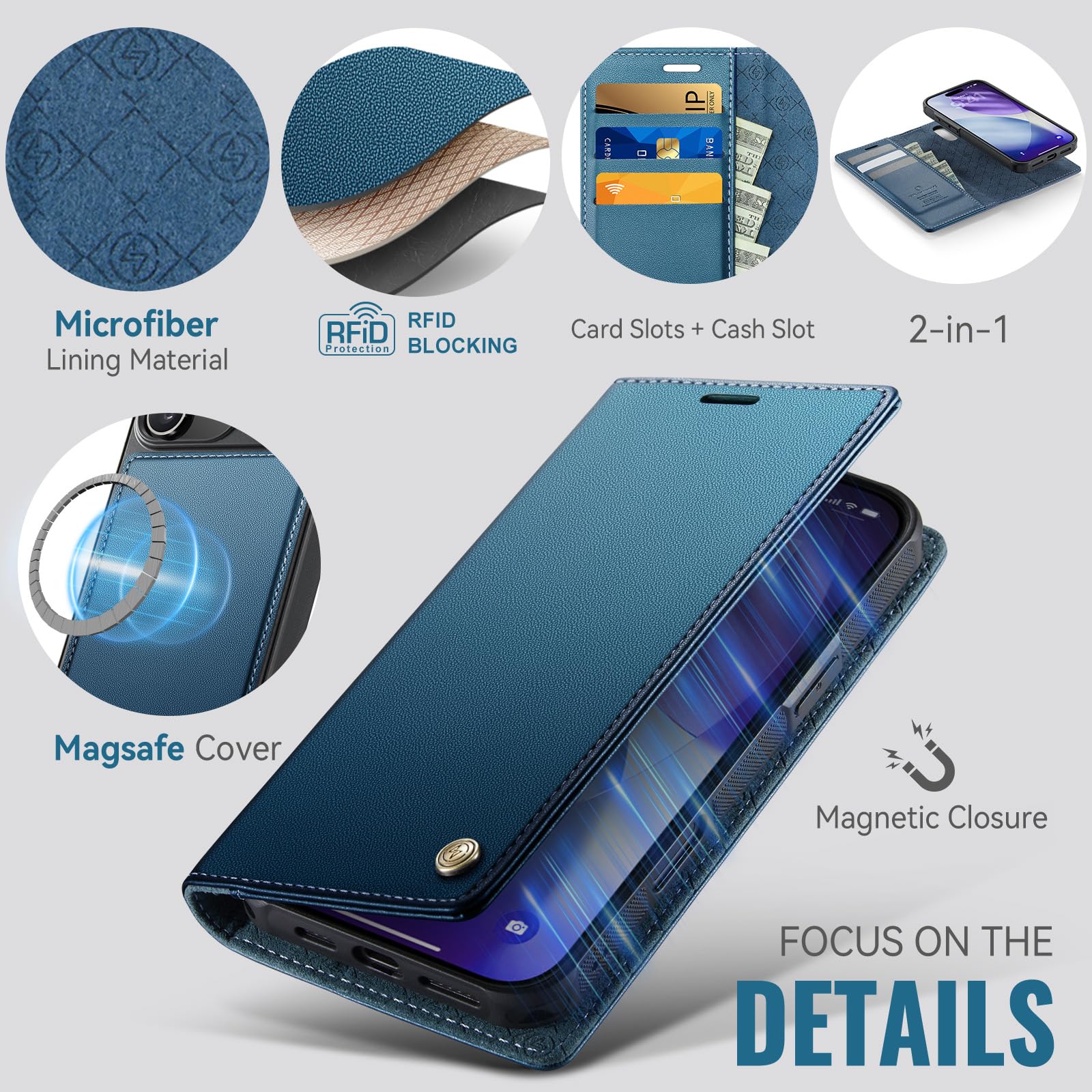 Custodia a portafoglio staccabile per iPhone 17 Pro Max 2 in 1 | Compatibile con Magsafe, magnetico, porta carte di credito con blocco RFID, antiurto, cavalletto, ricarica wireless