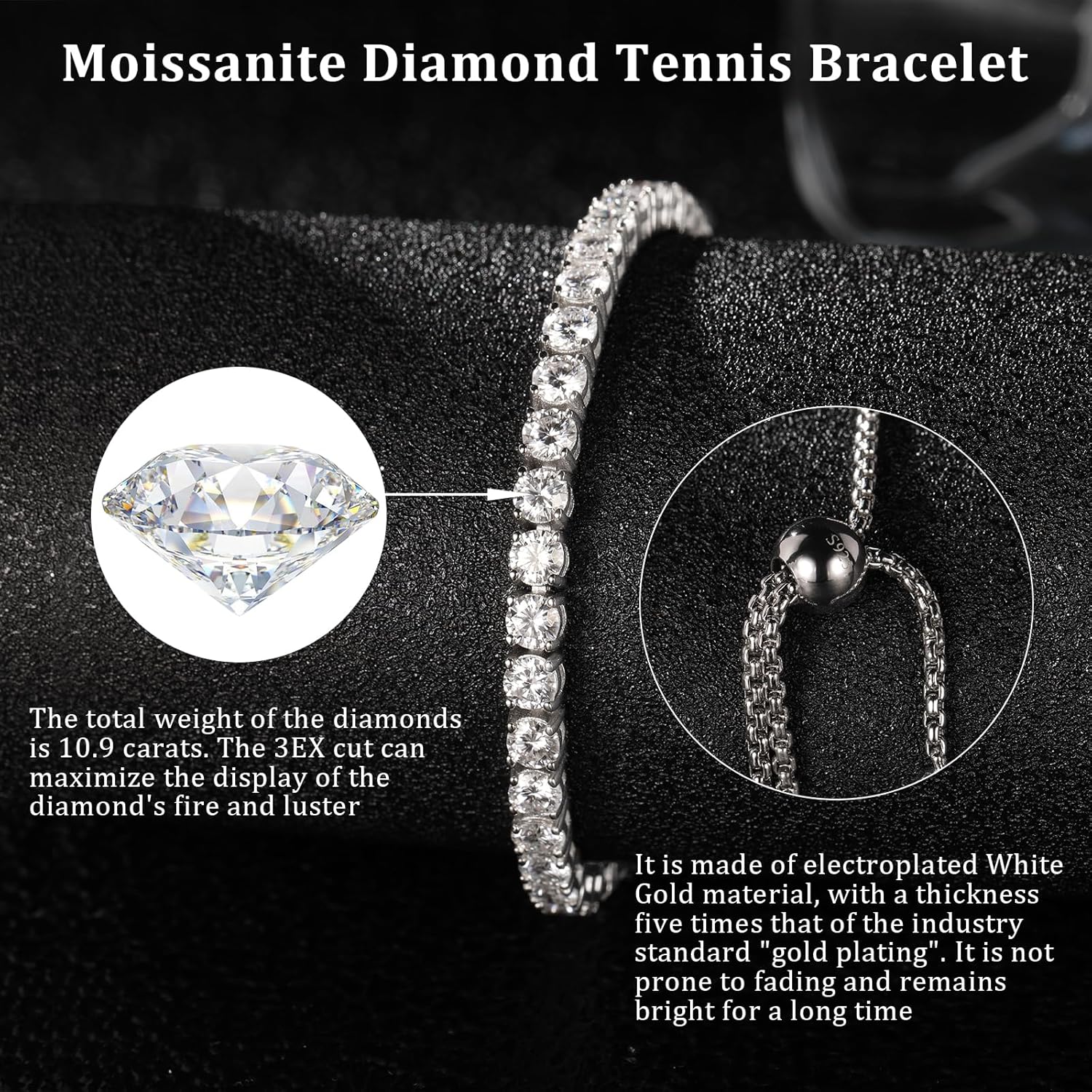 4MM Moissanite Tennis Bracelet for Women, 10.9 ct Adjustable Moissanite Bracelets, 925 Sterling Silver White/14k Gold Plated, Luxury Birthday or Anniversary Jewelry Gift for Her - Image 4