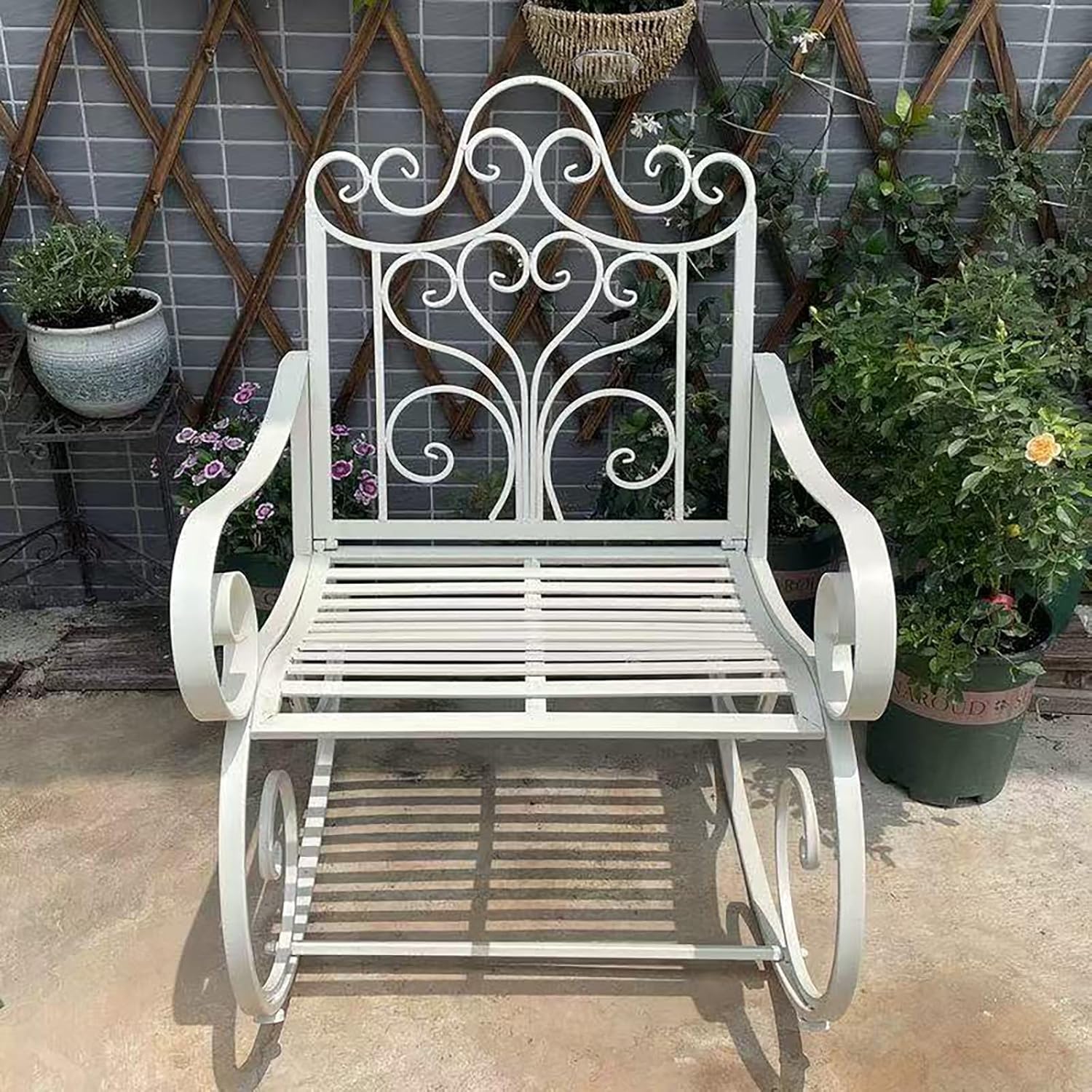 Outdoor Rocking Chair, Wrought Iron Metal Patio Rocking Chair with Armrests and Backrest, Suitable for Indoor, Backyard or Garden, 35.5x25x20.1 Inches (White)