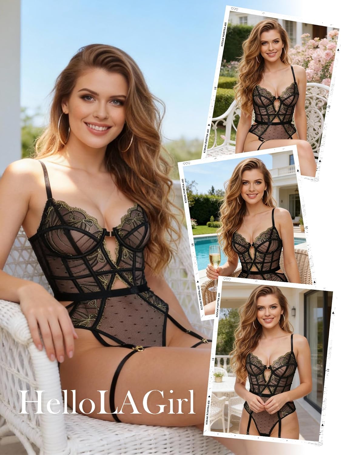 HELLOLAGIRL Women One Piece Lingerie Lace Bodysuit Lavender Blossom Embroidered French-inspired Bodysuit