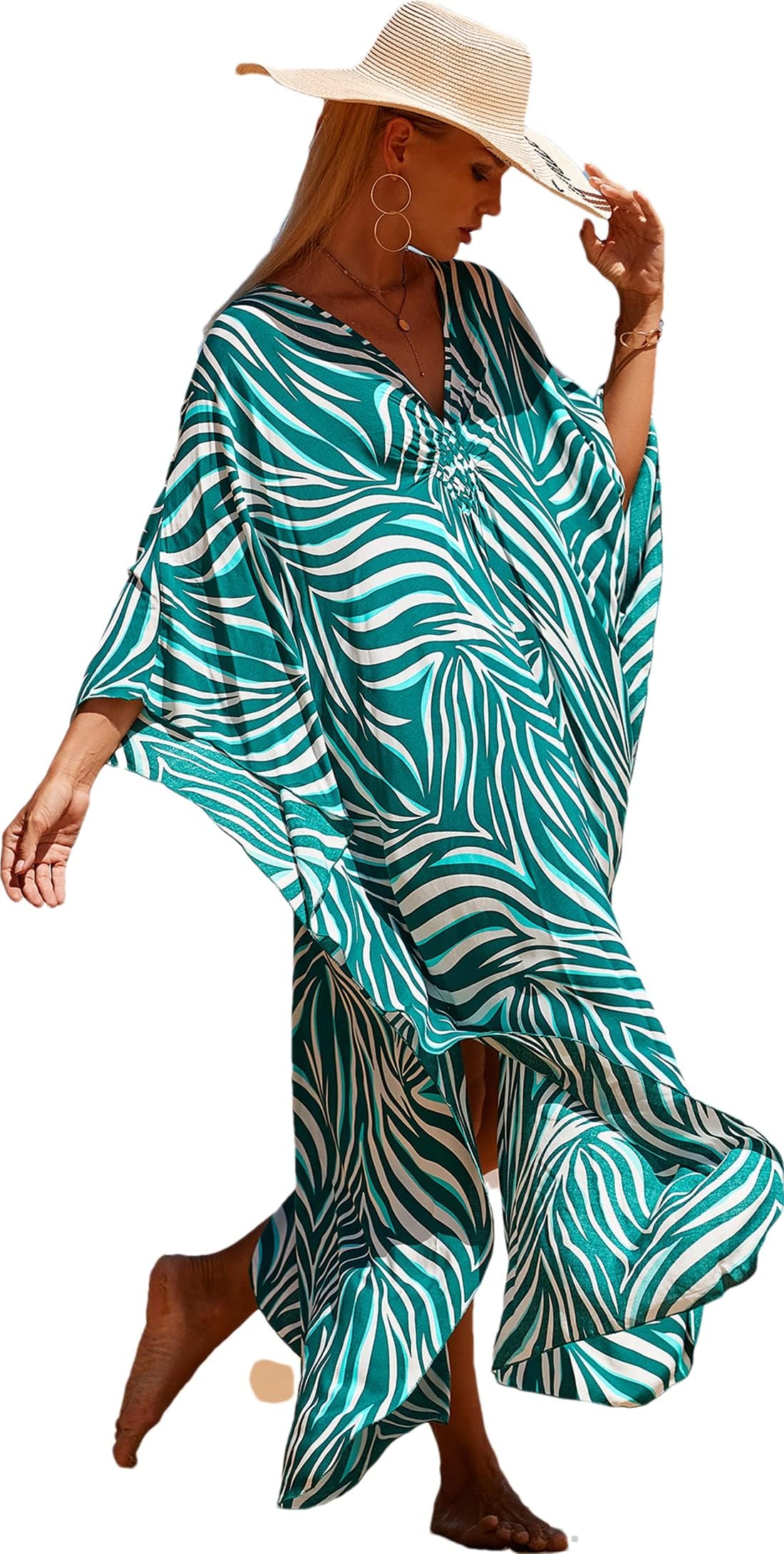 Beach Cover ups Hand Woven V Neck Swim Cover up Caftan Rayon Cotton Kaftan Dresses Floral Ethnic Print Beach Kaftans