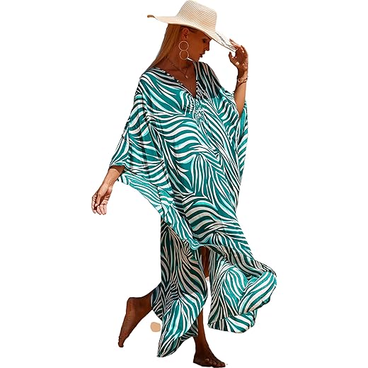 Blue Zebra Beach Kaftan Dresses animal print caftans Cover Ups for swimwear Rayon cotton kaftans batwing sleeve vneck Women Plus Size Maxi Summer Dress loungewear streetwear 8772-9