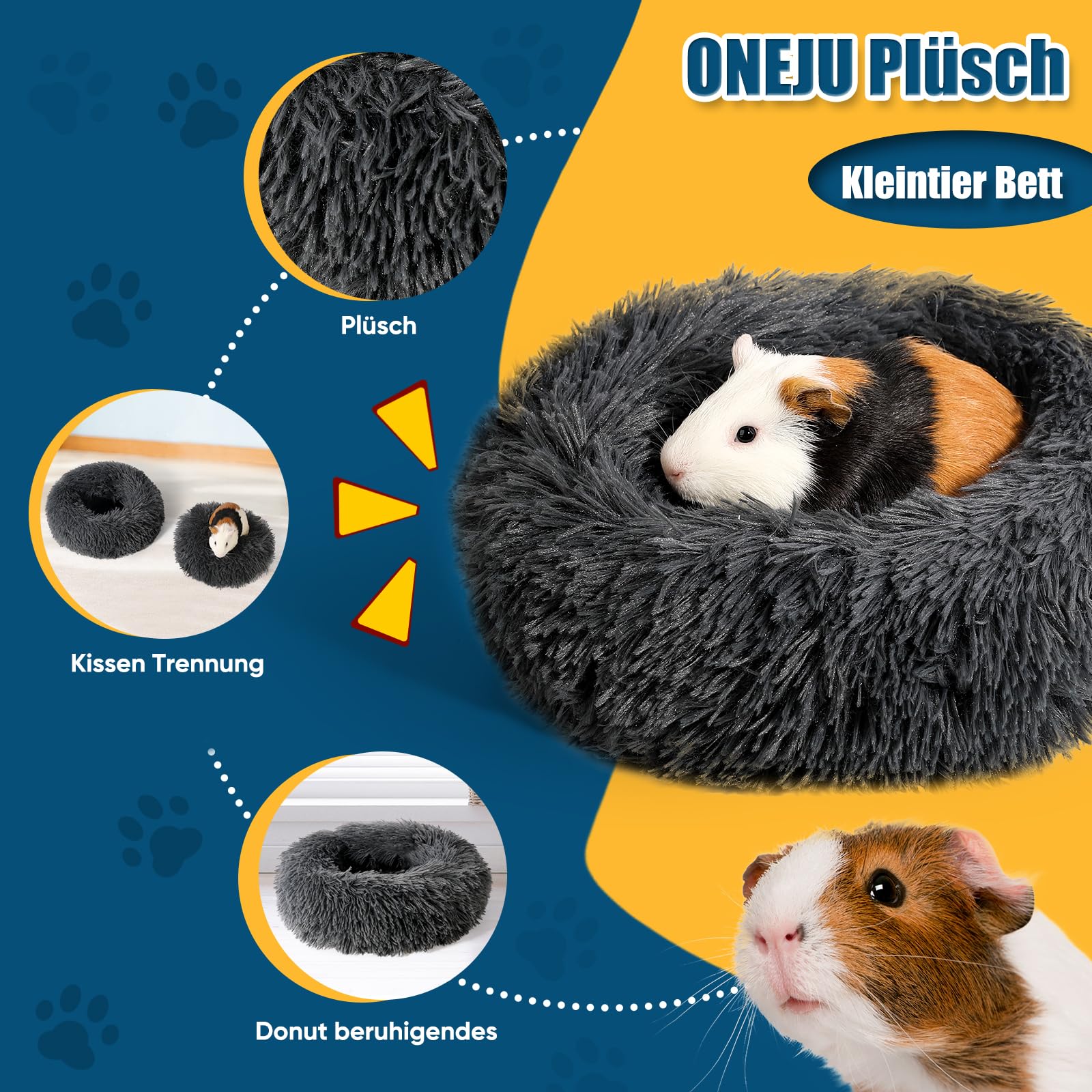 ONEJU Plüsch Meerschweinchen Bett, Meerschweinchen Kuschelhöhle, herausnehmbares Kissen, super gemütlich, ideales Waschbar Bett für Kaninchen und kleine Haustiere, Dunkel Grau - 5