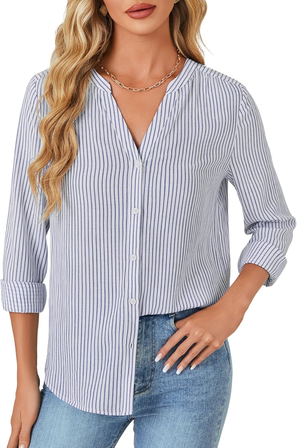 OPOIPIN Women’s Striped V Neck Button Down Long Sleeve Work Dressy Blouse Shirt Top