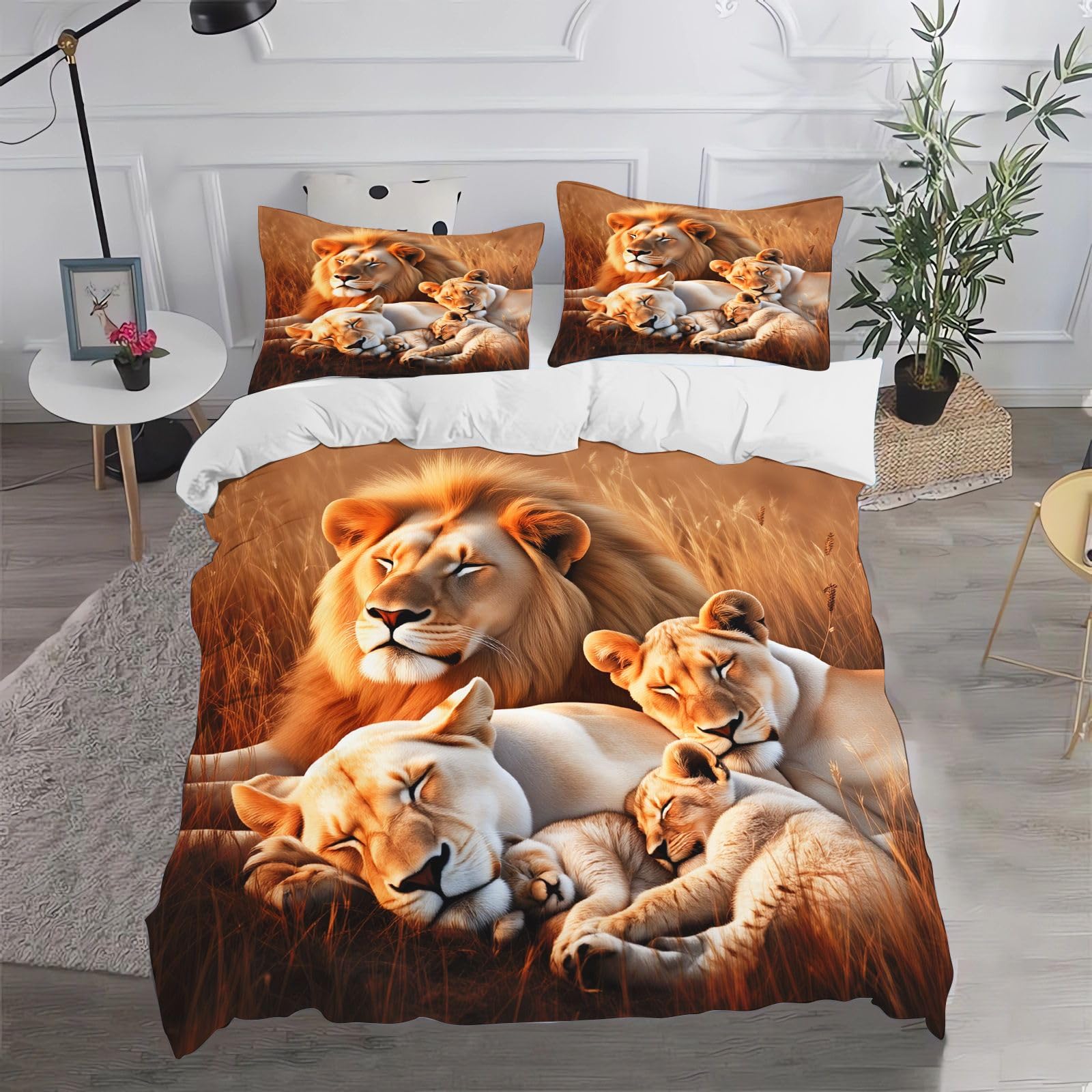 Fgolphd Lion Family Wildlife Duvet Cover Set, Soft Microfiber Single-135x200cm Bedding with Zipper, All Seasons Bedroom Decor