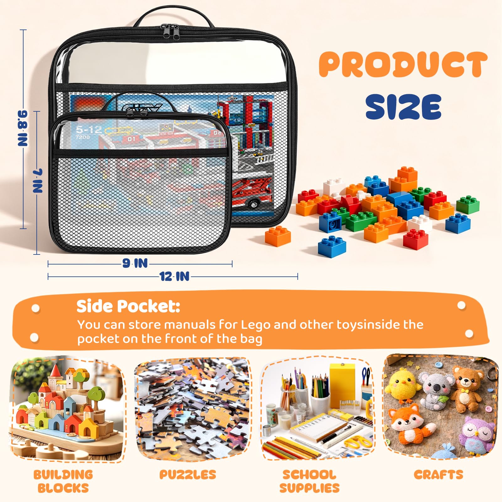 Confezione da 8 organizer per giocattoli, in PVC trasparente, con cerniera, impermeabili, riutilizzabili, per puzzle, blocchi da costruzione, giochi da tavolo, cancelleria, libri per bambini (grande