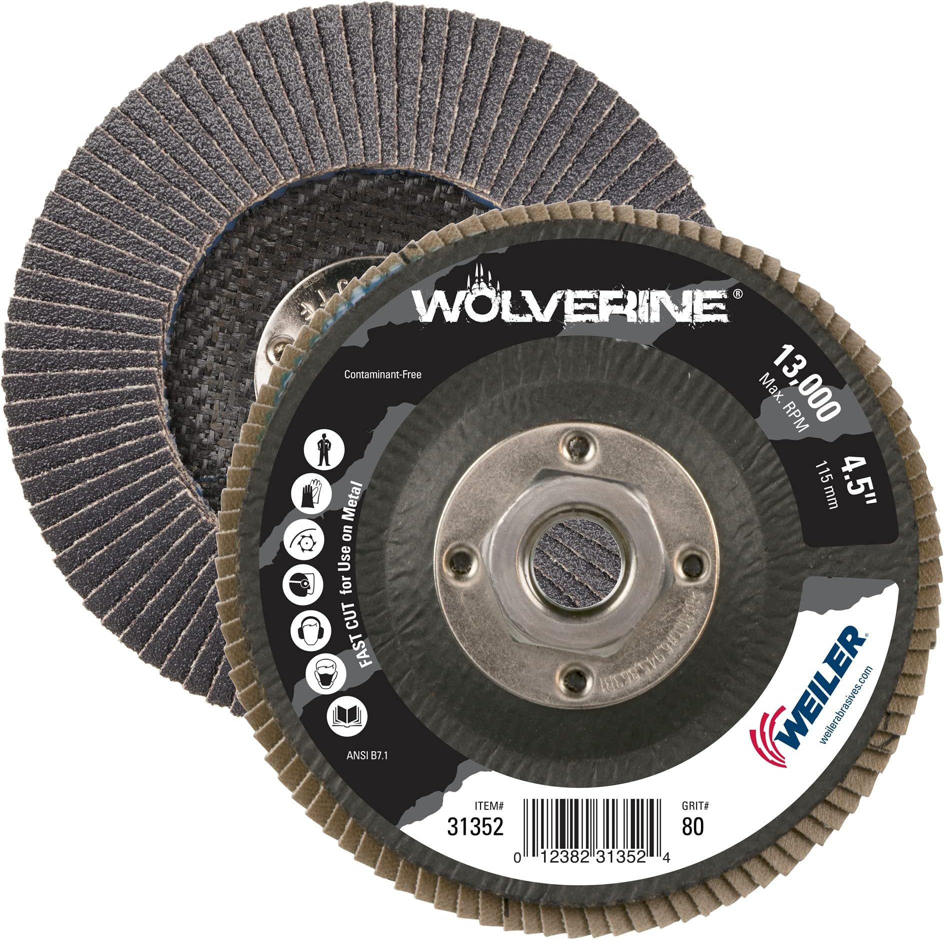 Weiler 31352 Wolverine 4-1/2" x 5/8"-11 UNC NUT Abrasive Flap Disc, 80 Grit Zirconia Alumina, Bevel Type 29, Phenolic Backing, Standard Density
