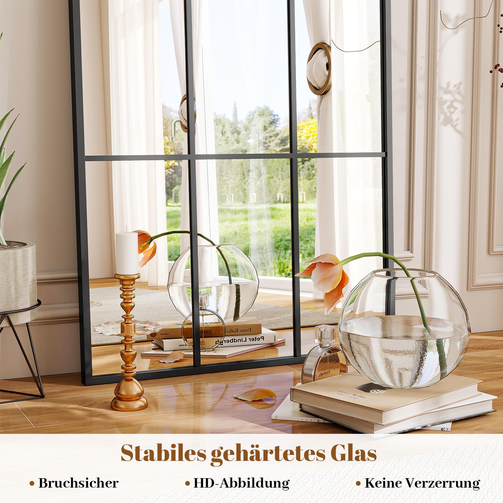Koonmi 60x165 cm Fensterscheibe Ganzkörperspiegel - rechteckige Raster-Designed Dekorative Vollkörper Wandspiegel mit Metallrahmen hängend Schrägung für den Eingang, Wohnzimmer Dekoration, Schwarz