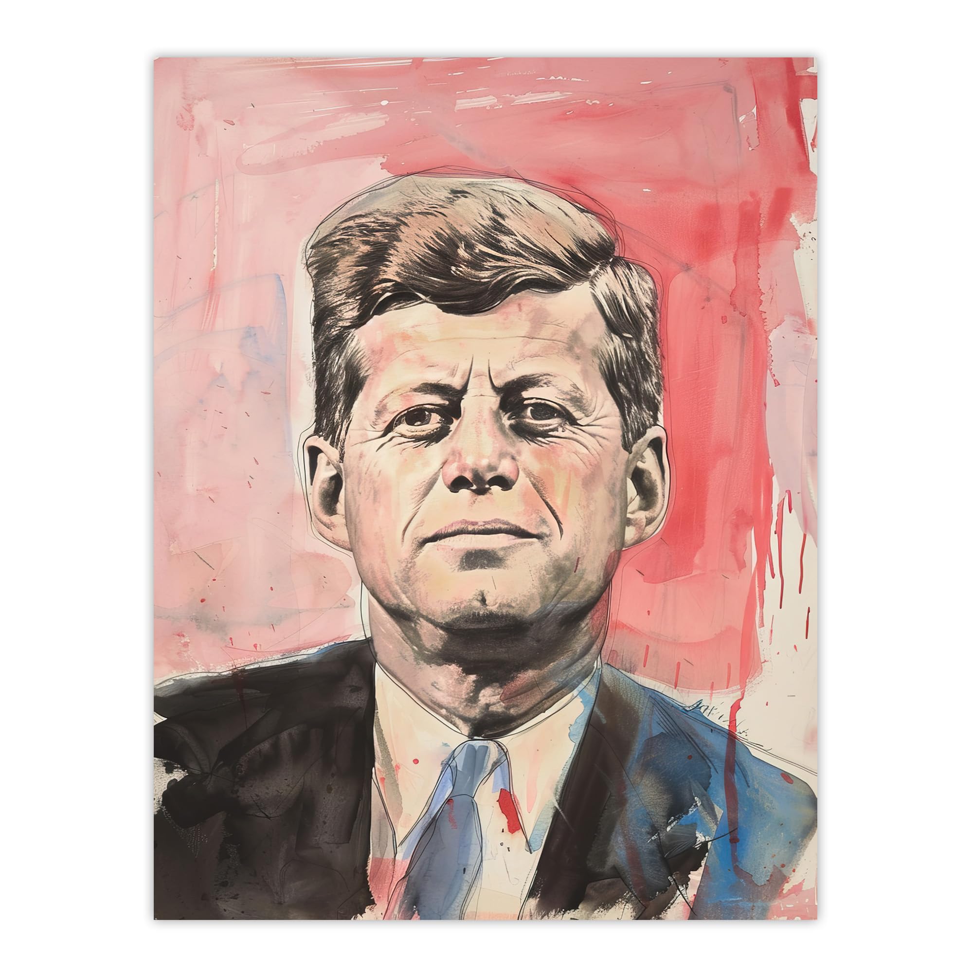 John Kennedy JFK USA President Watercolour Wall Art Print - Red - W24 inch x H32 inch