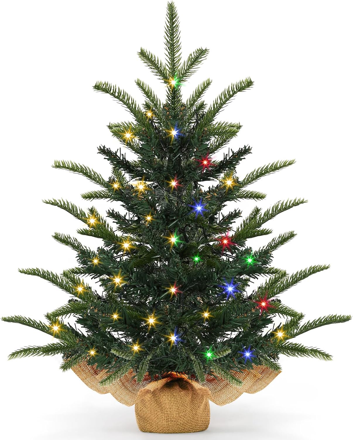 [ 12 Modes & Timer] 24 Inch Realistic Tabletop Christmas Tree Small Christmas Tree with 50 Warm White & Colored Lights Battery PE&PVC Branches Burlap Base Indoor Home Table Christmas Decorations Dark Green
