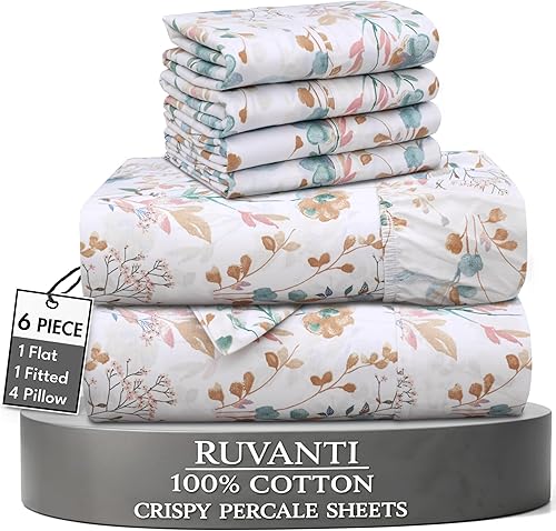 Miniatura 8 de RUVANTI - Juego de 6 sábanas de algodón - Sábanas de percal crujiente 100% de algodón natural, suaves, ligeras y transpirables, juego de sábanas de