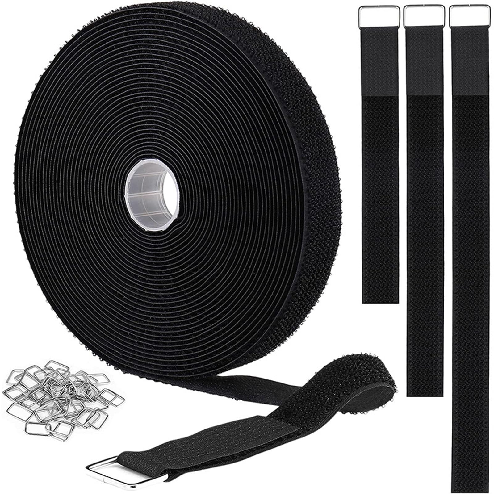 10m Adjustable Cable Straps with 50 Buckles, Black Hook and Loop Cinch Straps, Reusable Fastening Cable Ties for Cable Tidy, Wire Management, Cord Organiser