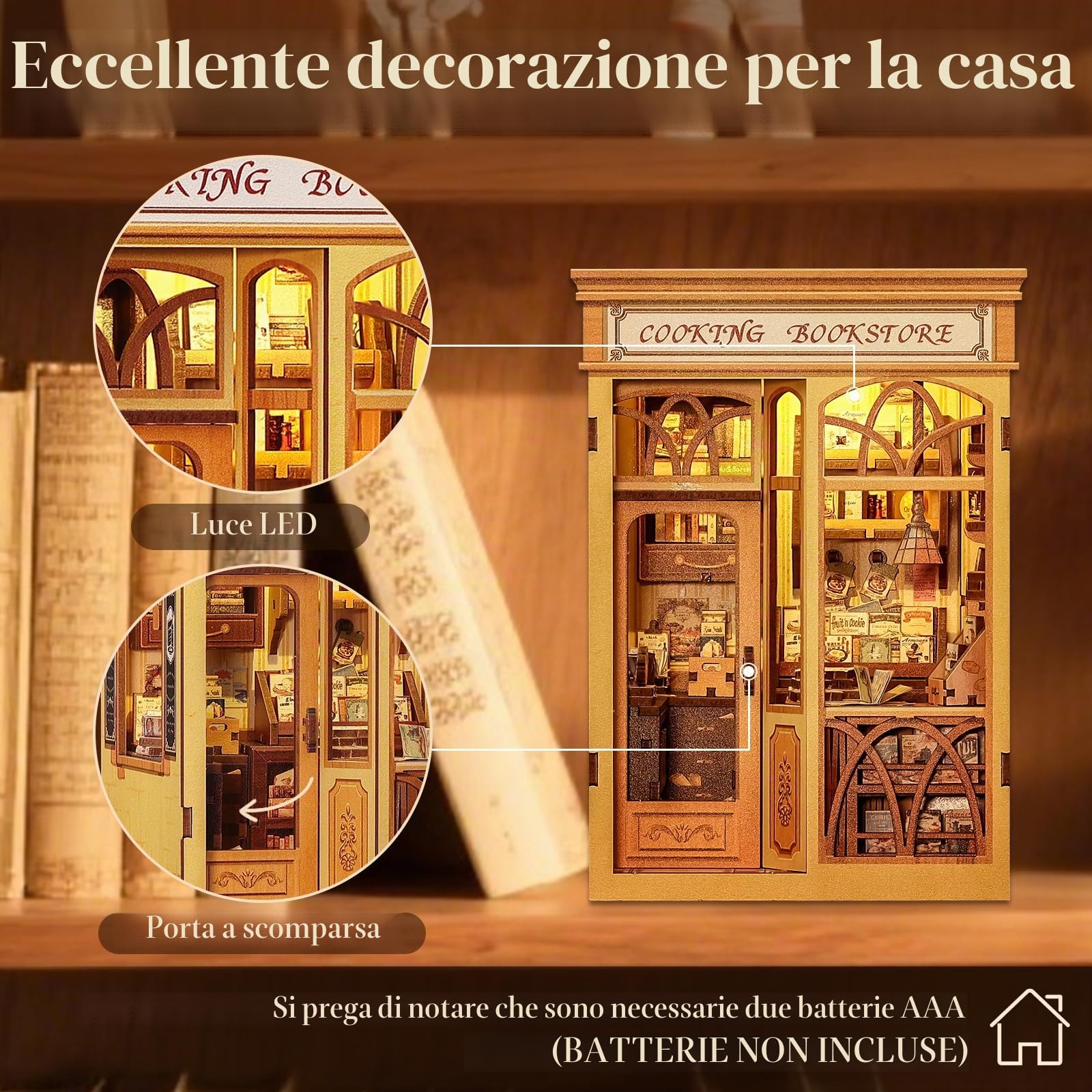 Cutefun Book Nook, kit fai da te per casetta in miniatura per adulti, scaffale per libri, puzzle 3D in legno, mini kit modello artigianale, regalo per donne amanti dei libri (Cooking Bookstore)