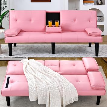 Anwick Faux Leather Convertible Folding Futon Sofa Bed with 2 Cup Holders, Sleeper Couch Bed with Removable Armrests, Metal Legs, Upholstered Loveseat for Living Room, Apartment, Dorm, Office Pink