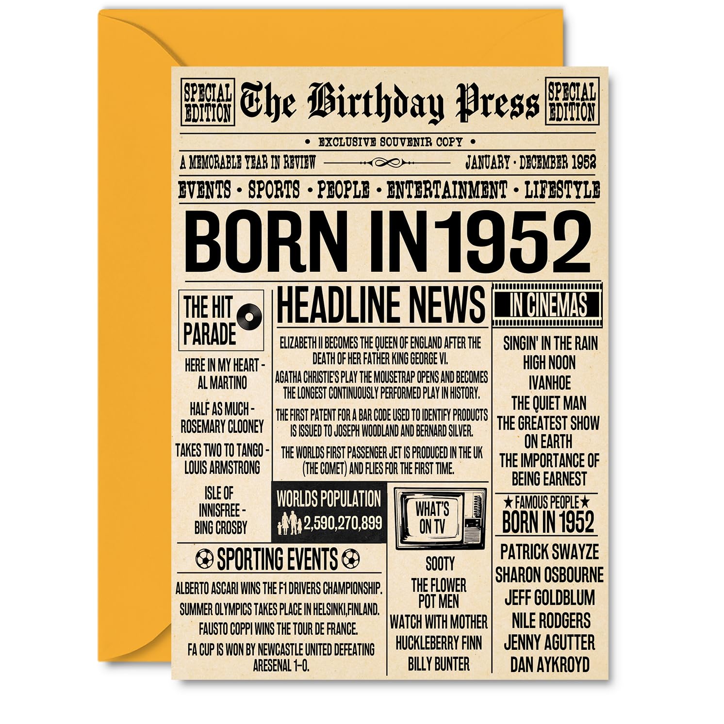 74th Birthday Cards for Women Men - Born In 1952 Newspaper - Happy 74 Birthday Card for Grandma Grandad Nan Vintage Retro Back In 1952, A5 Bday Greeting Cards