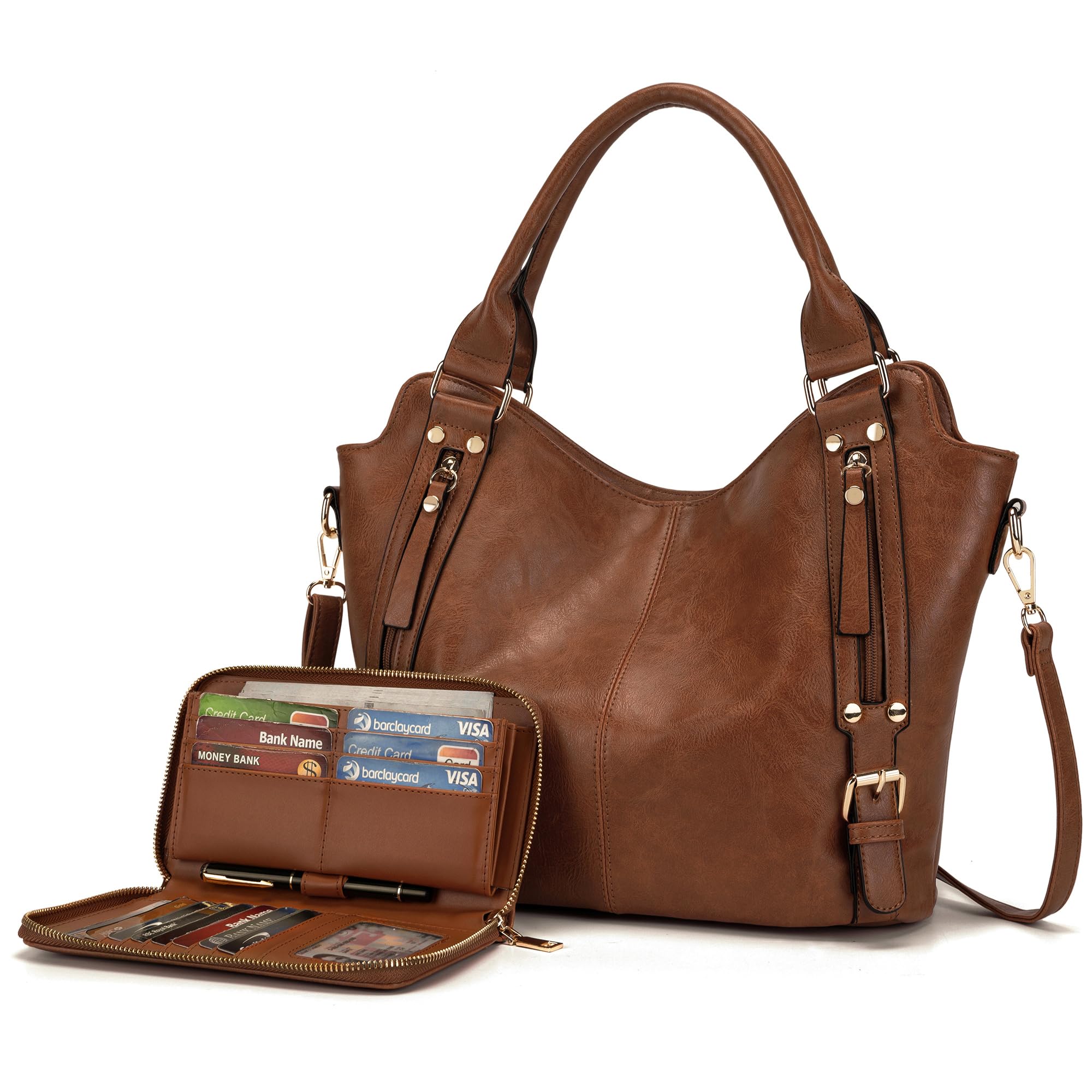 Crossbody Bags for Women Large Hobo Purse PU Leather Shoulder Handbag Ladies Tote Wallet Set 2PCS