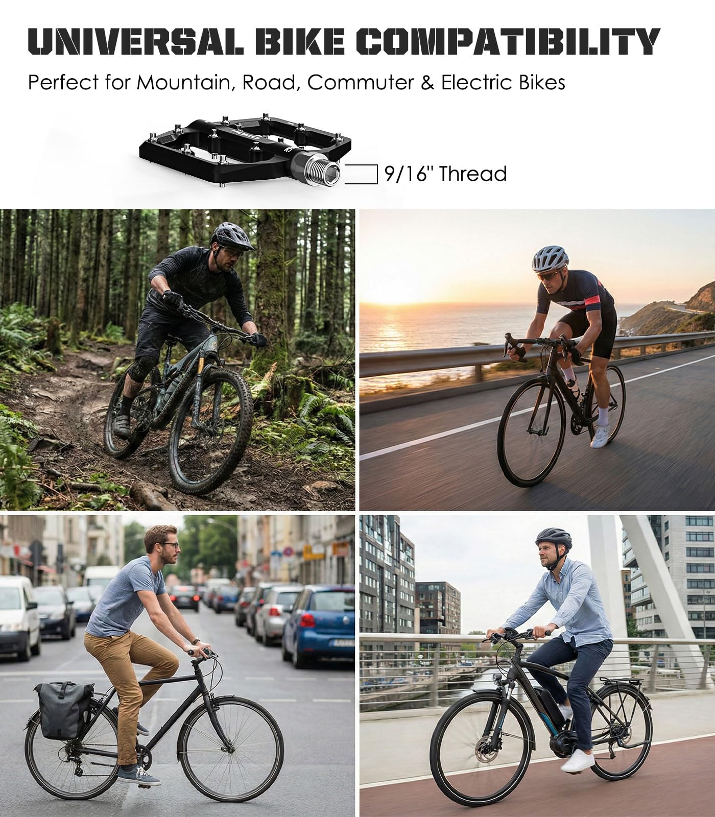 MoKo Fahrradpedale & MTB Pedale, Fahrrad Pedale, CNC-gefräste 3-Lager-Alu-Flachpedale mit 24 rutschfesten Stahlstiften, langlebig & wartungsfrei, 9/16" für MTB, Trekking, Rennrad, City & EBike