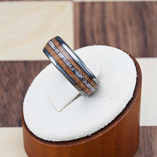 Miniatura 3 de 100S JEWELRY Anillos de tungsteno gris gunmetal para hombre con incrustaciones de madera de barril de whisky y asta de alce, anillo de compromiso