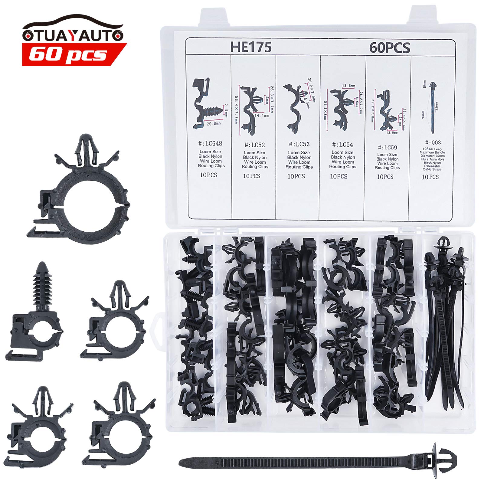 OTUAYAUTO60PCS Automotive Wire Loom Clips Assortment - 6 Different Sizes Car Wire Harness Routing Clips Kit, Replacement for Honda GM Mazda