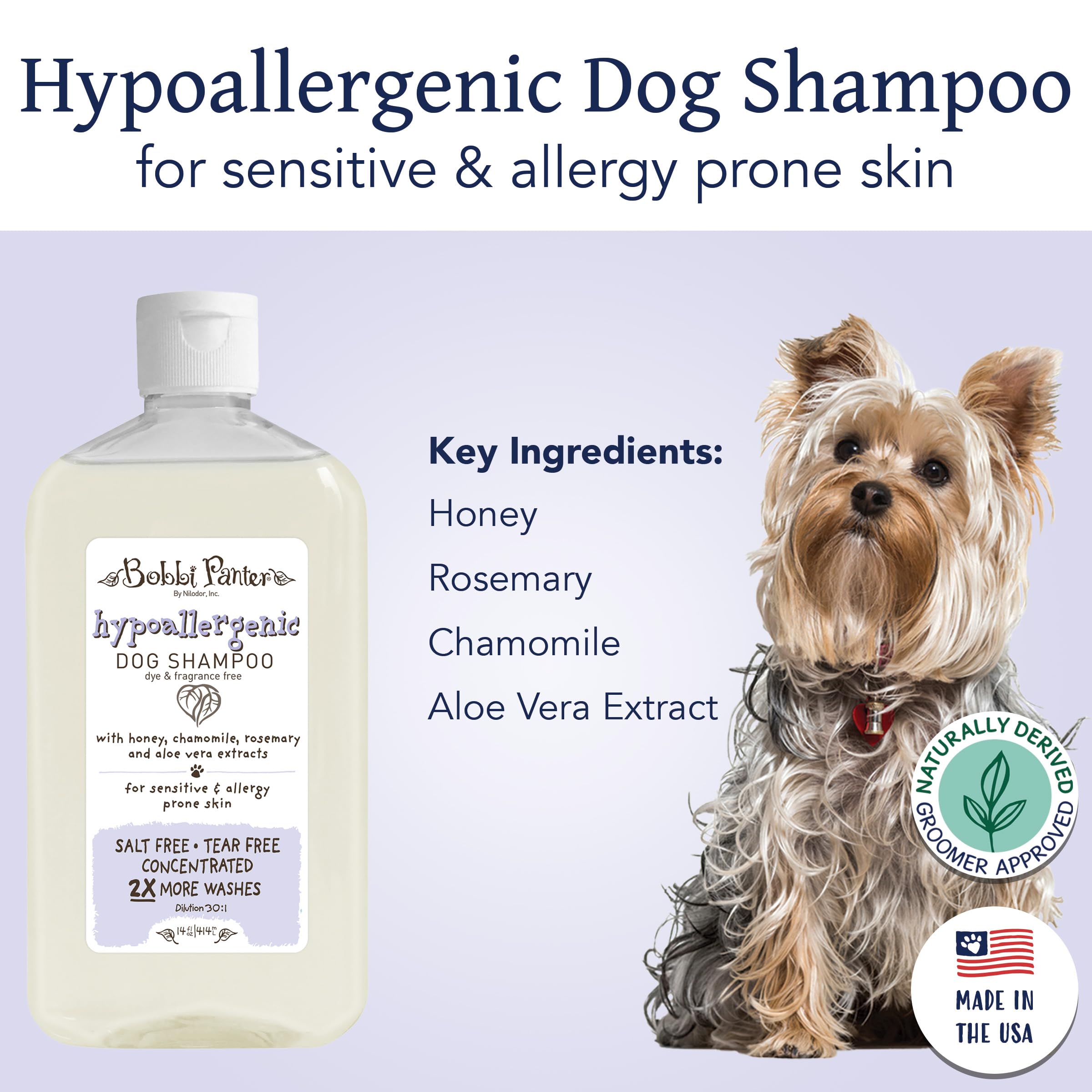 Bobbi Panter Hypoallergenic Dog Shampoo - Made in USA - Natural, pH Balanced, Tear-Free Formula for Sensitive Skins - Concentrated 30:1 for Professional Groomers - Unscented, 14 Oz (Case of 12)