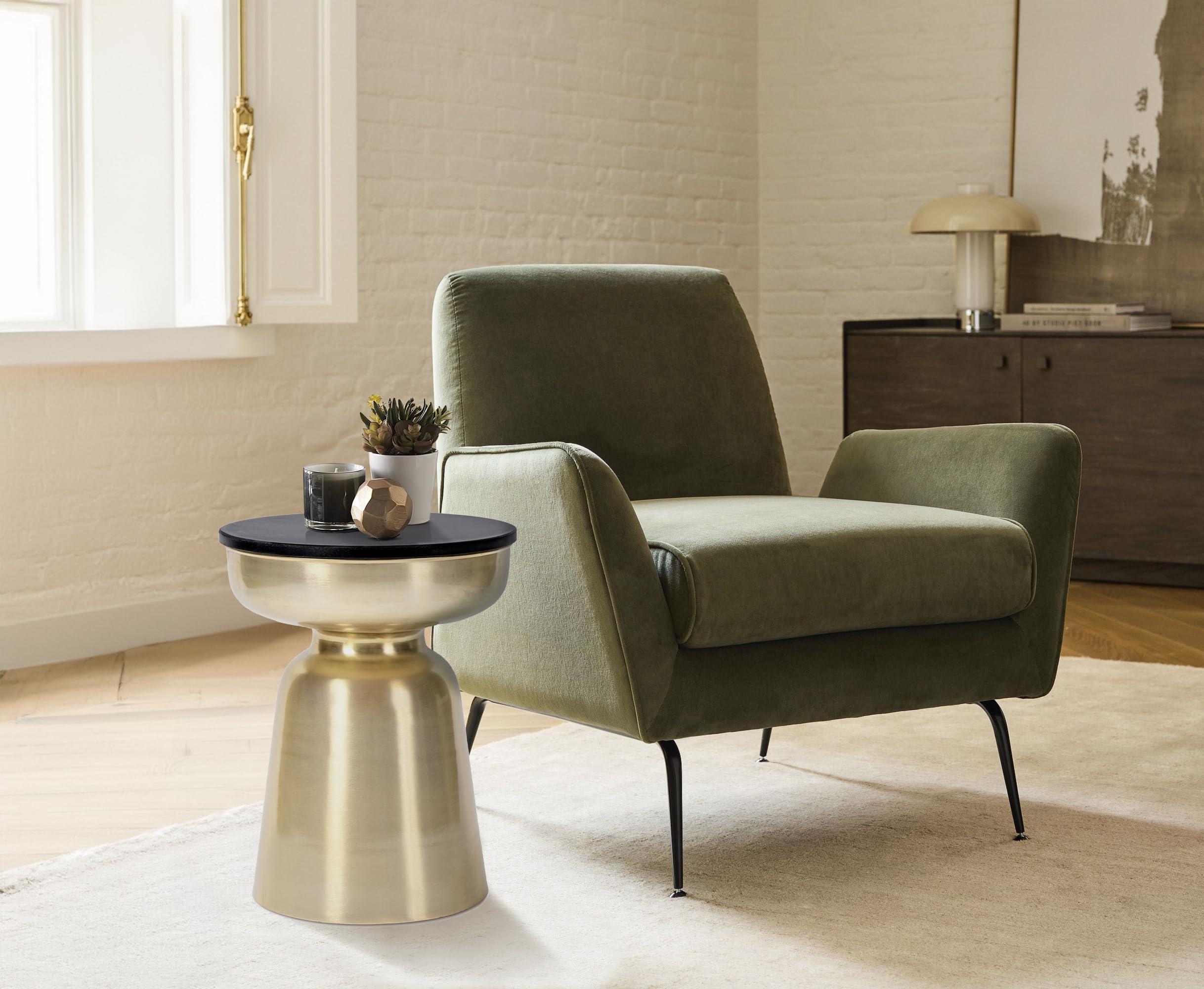 Finch Adler Metal Accent Side Table, 16" Natural Granite Top, Brushed Brass Base, Hourglass Shape, Modern EndTable, BedsideTable or Nightstand for Living Room or Bedroom