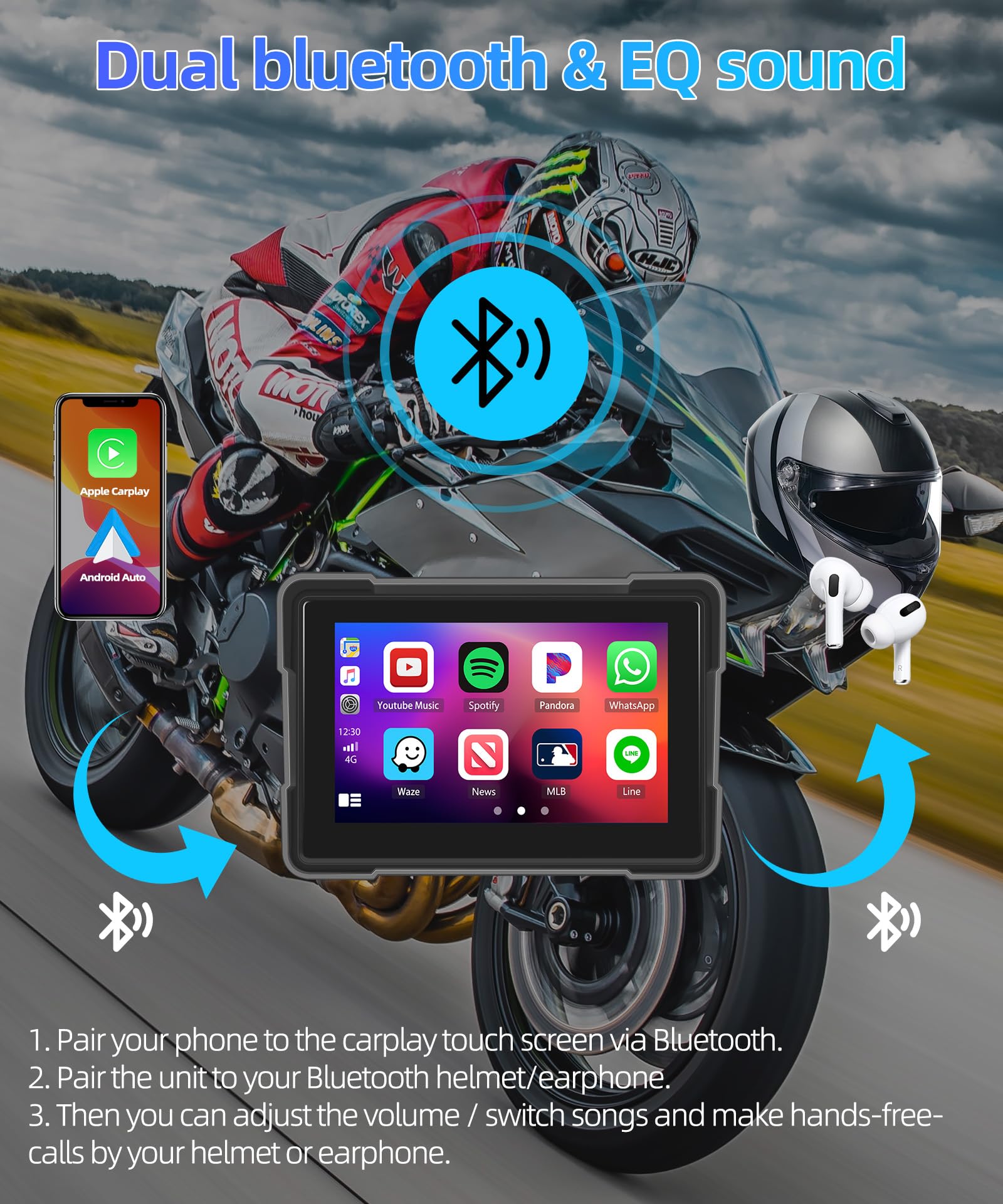 CAMECHO Motorrad Navigationsgeräte 5 Zoll HD-Touchscreen Wasserdicht mit 64G TF Karte mit Navi Wireless Carplay Android Auto Bluetooth FM EQ Musik Leistungsstarker Chip 4 Thema für Alle Motorräder