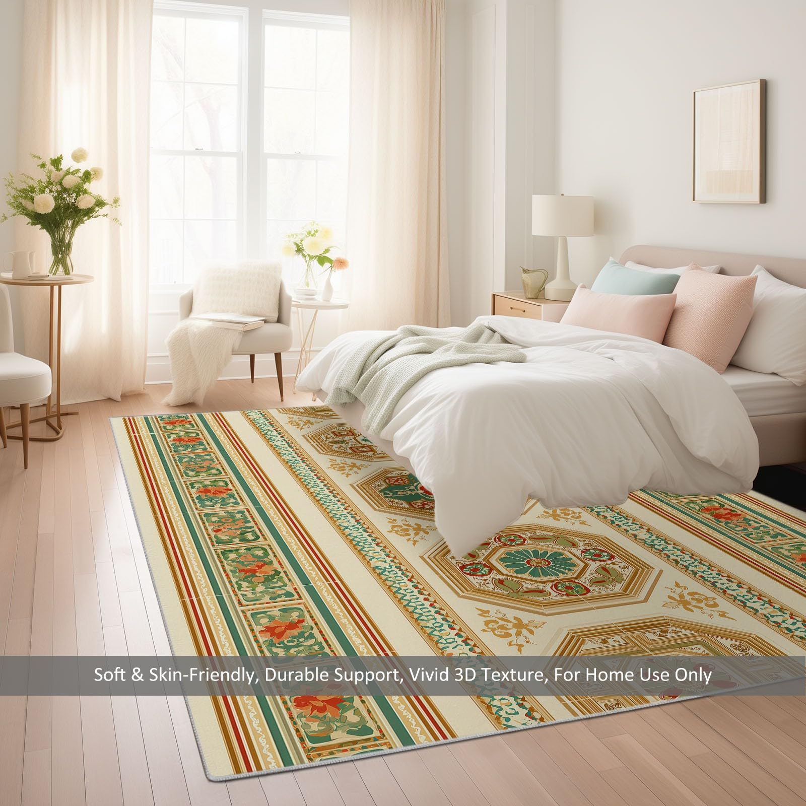 Tappeto Beige Antiscivolo Lavabile, Tappeti Decorativi per Soggiorno Camera da Letto e Aree Interne 180 x 240 cm - con Motivo Stampato Retrò Tradizionale Geometrico Floreale