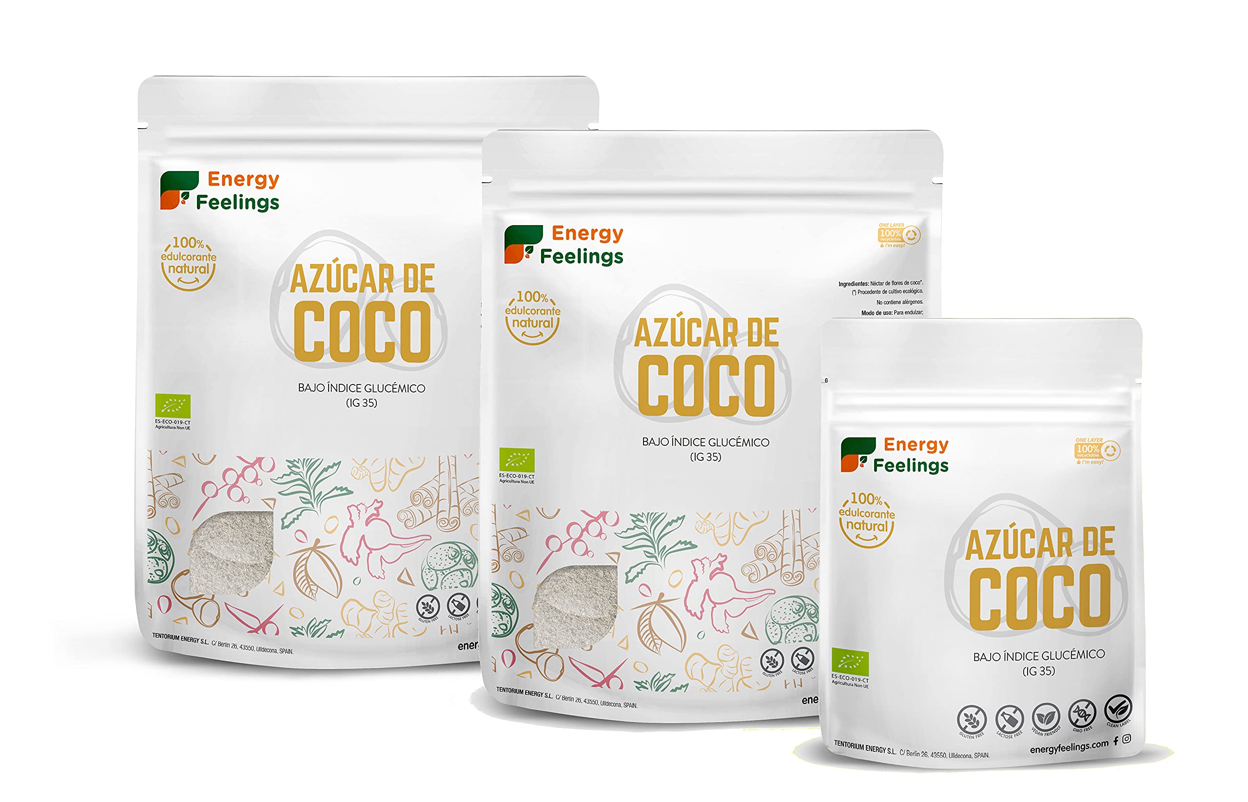 Energy Feelings Azúcar de Coco ECO - 1000 gr, Vegano, Ecológico y Natural, Ligero Sabor a Caramelo, Rico en Vitaminas, Glutamina, Potasio, Hierro y Magnesio, Apto para Control de Peso, Pack XXL