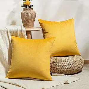 Phantoscope Pack of 2 Velvet Decorative Throw Decorative Pillow Cover Soft Solid Square Cushion Case for Couch Mustard Yellow 20 x 20 inches 50 x 50 cm