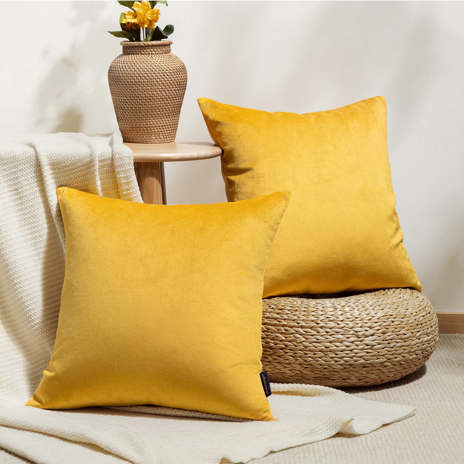 Phantoscope Pack of 2 Velvet Decorative Throw Decorative Pillow Cover Soft Solid Square Cushion Case for Couch Mustard Yellow 18 x 18 inches 45 x 45