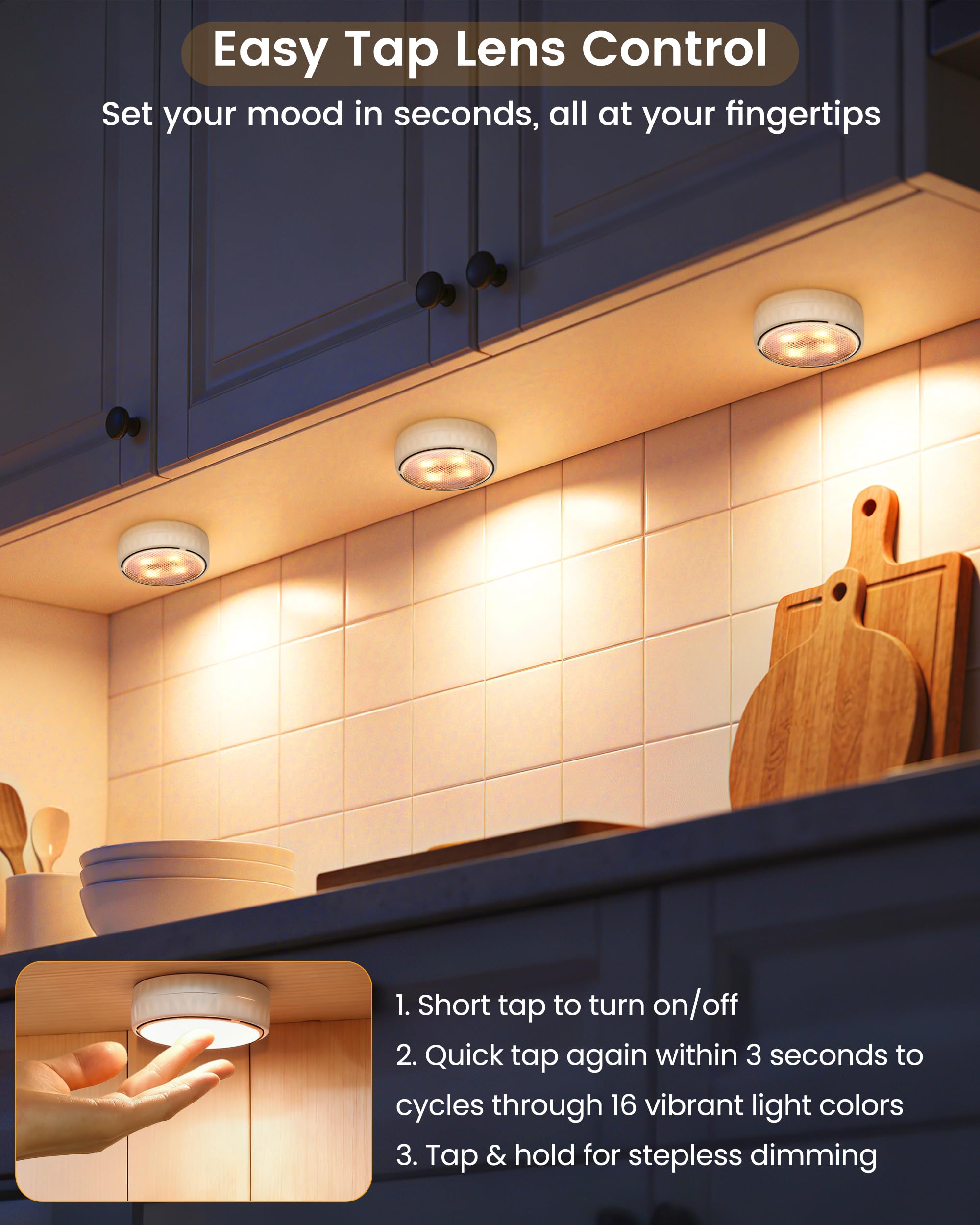 TECOMLIGHT Luci a disco con telecomando, funzionamento a batteria, senza fili, per illuminazione sotto armadietto, da attaccare al rubinetto, per cucina, scaffale, confezione da 6, colore: bianco