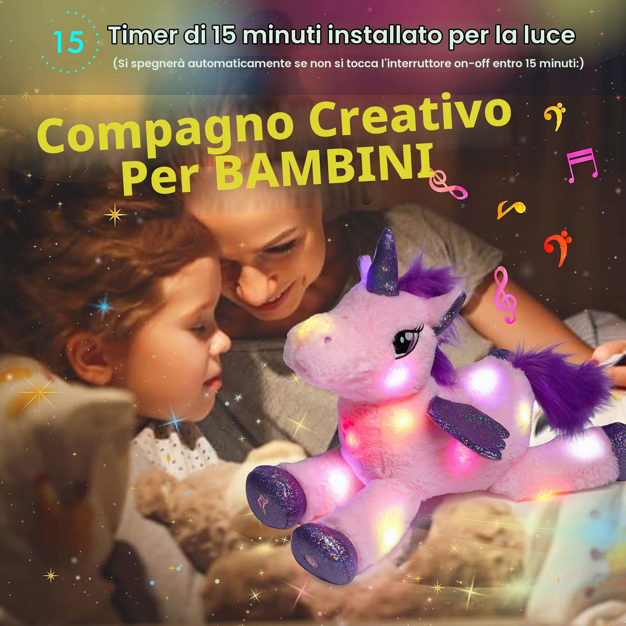 Hopearl Unicorno Peluche Musical LED con Luci e Canzoni, Peluche Illuminato con Volume Regolabile Ninna Nanna per Bambine, Rosa, 41 cm